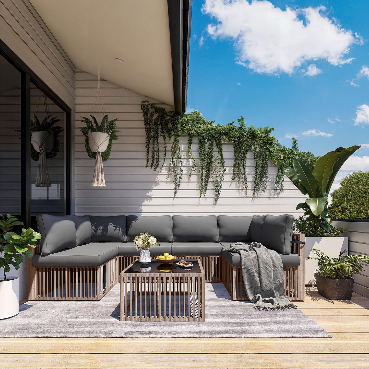 Pamapic 7 Piece Outdoor Sectional Sofa Set, All-Weather Patio Furniture with Washable Cushions, Waterproof Brown Rattan Wicker Conversation Set for Backyard, Poolside, Gray Cushion