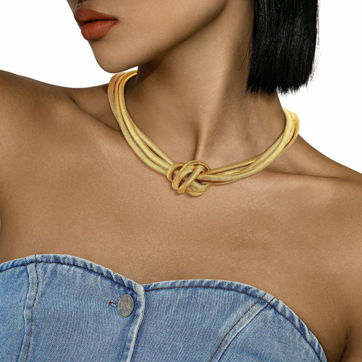 BONJOULRY Chunky 3 Layered Snake Chain Choker Necklace 14K Gold Plated Knot Chain Necklace Chunky Hip Hop Choker Necklaces for Women