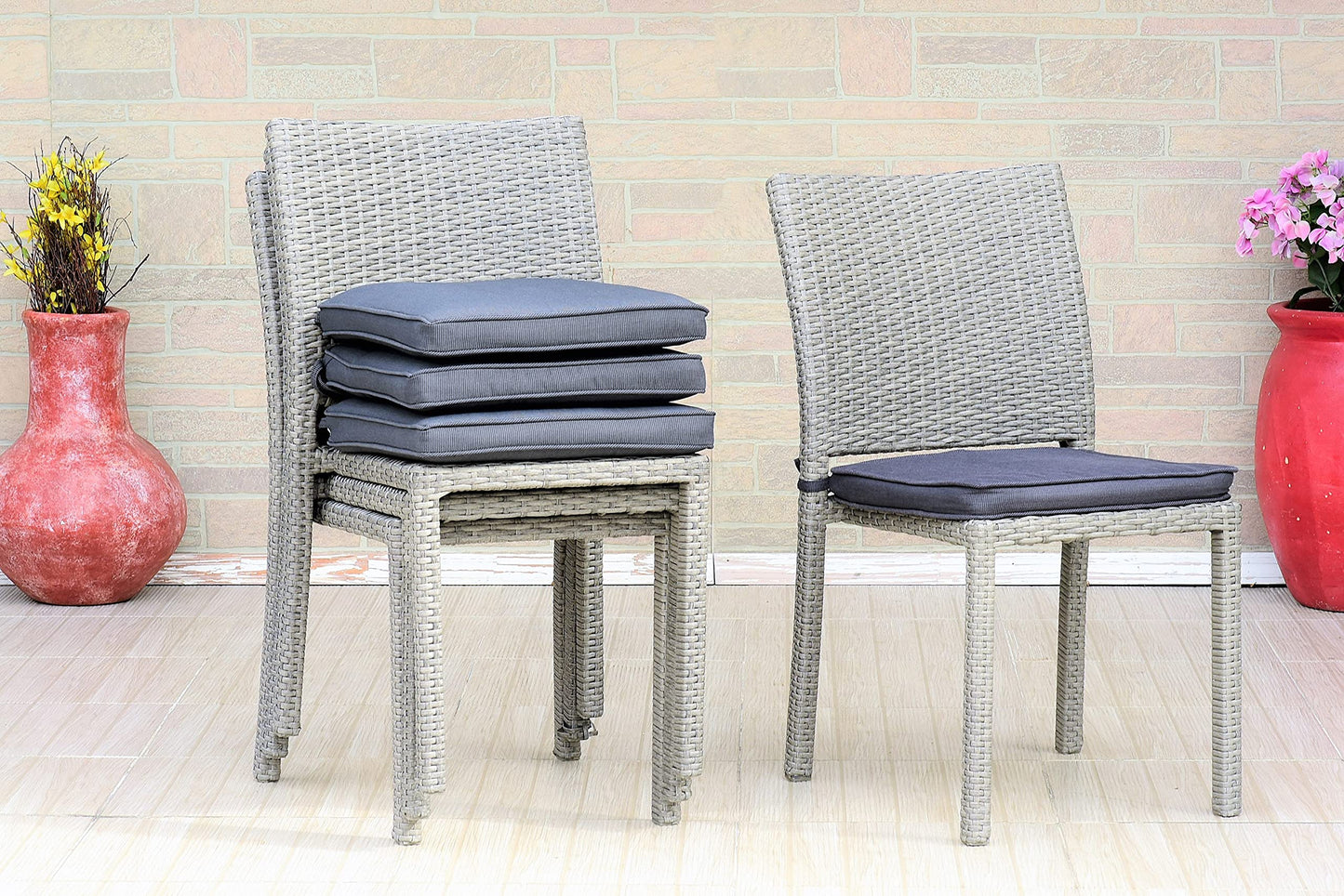 Amazonia Jefferson 13-Piece Patio Extendable Dining Table Set | Teak Finish & Light Grey Wicker Chairs with Cushion | Ideal for Outdoors and Indoors