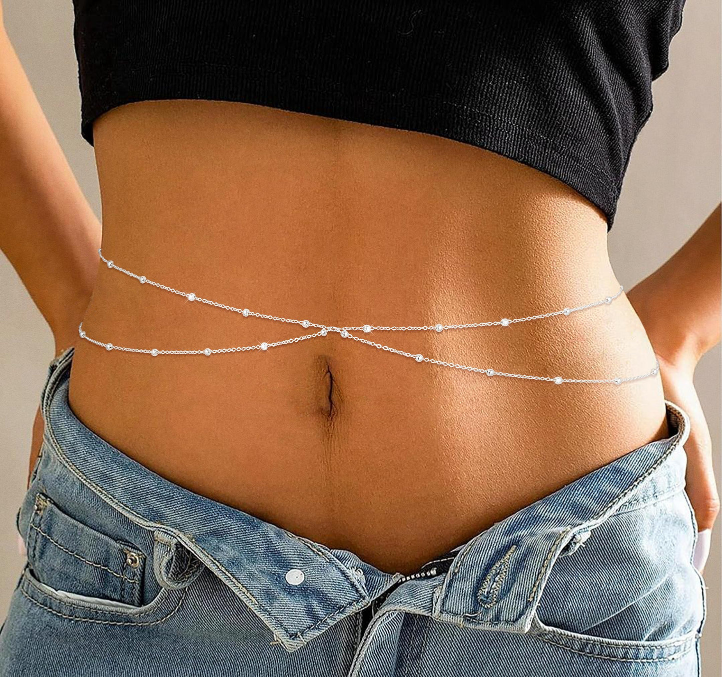 MFRYK 2PCS 14K Silver Plated Waist Chain Layered Double Beaded Satellite Belly Body Chain Boho Beach Waist Chains For Women Adjustable Waterproof Sexy Bikini Body Chain Jewelry For Women
