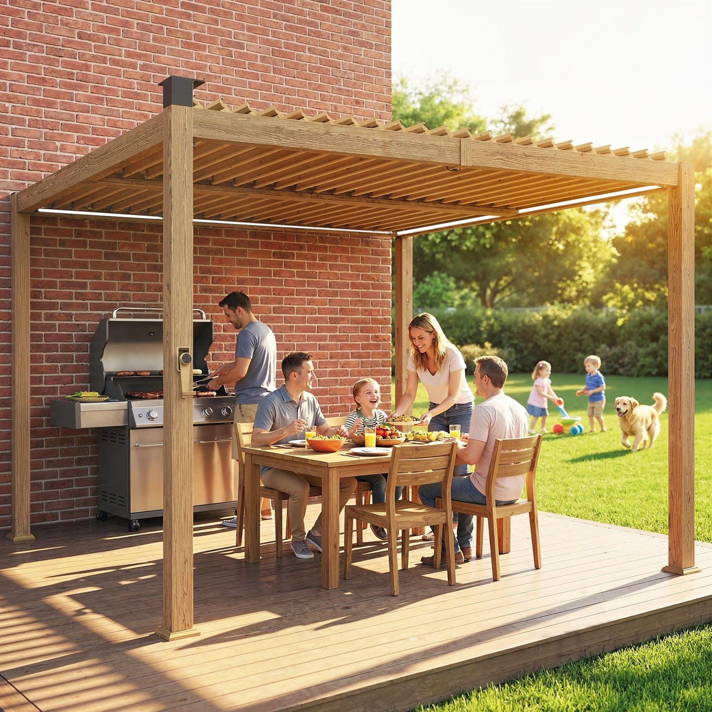 Outsunny Louvered Pergola with Solar LED Lights, 10' x 10' Outdoor Pergola Metal Patio Hardtop Gazebo with Adjustable Metal Louvered Roof, Drainage Gutters, Handle for Deck, Brown
