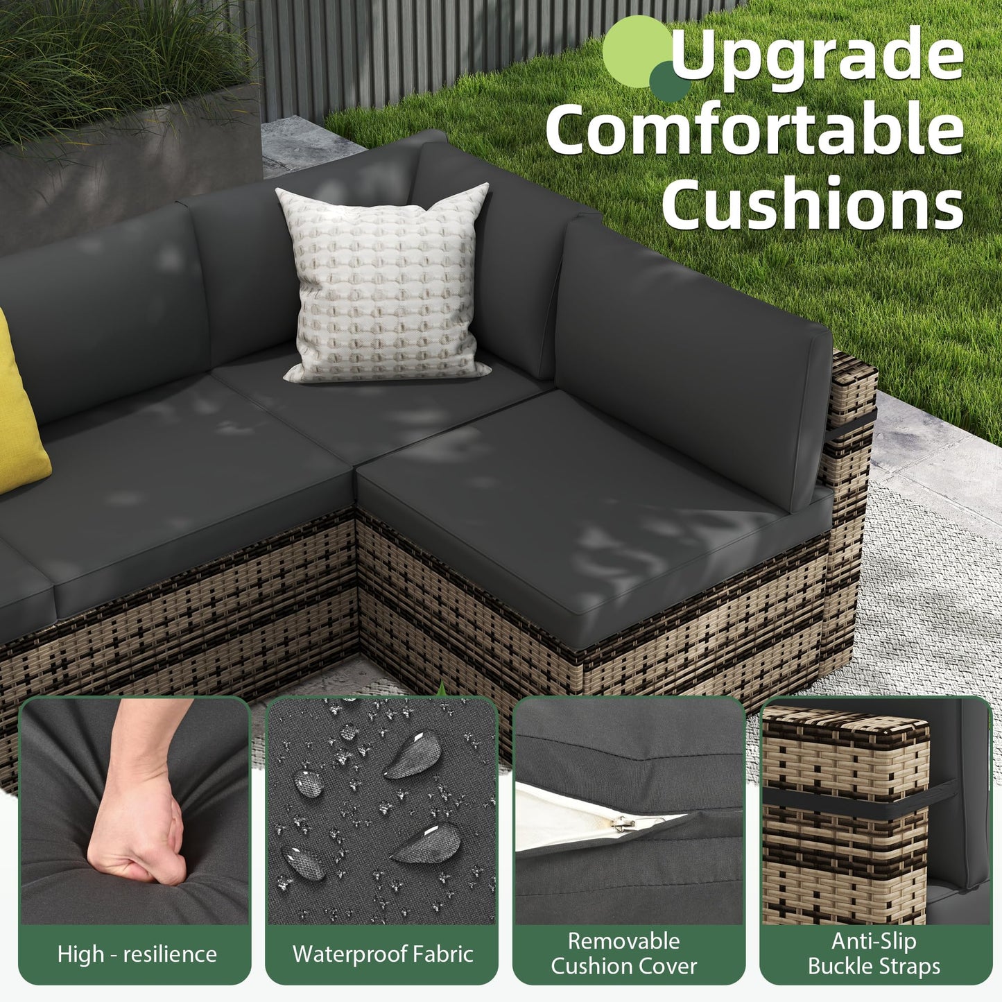 PATIOPIA 7-Piece Outdoor Sectional Sofa Set, Weather-Resistant Patio Furniture Set with Washable Cushions and Coffee Table, Black Rattan Patio Conversation Set for Poolside, Backyard, Deck (Beige)