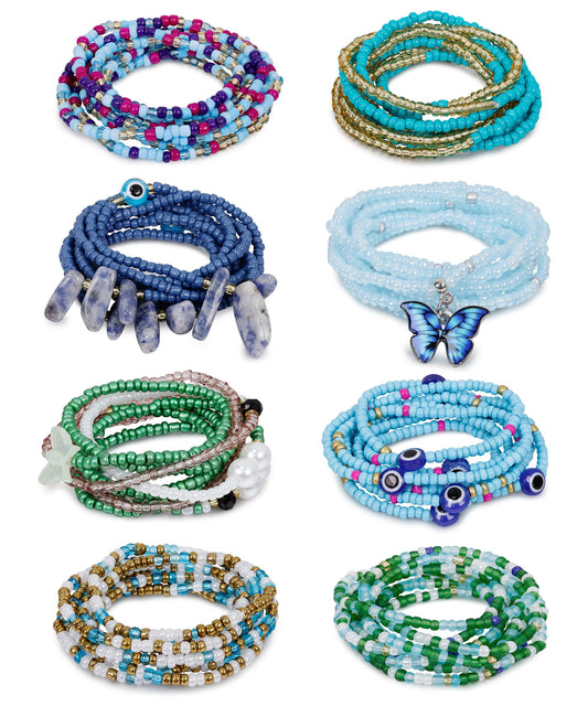 Masedy 8PCS African Waist Bead Chains for Women Layered Belly Body Chain Handmade Plus Size Beaded Belly Chain Colorful Elastic Flower Butterfly Body Chains Summer Beach Bikini Body Jewelry 31in C
