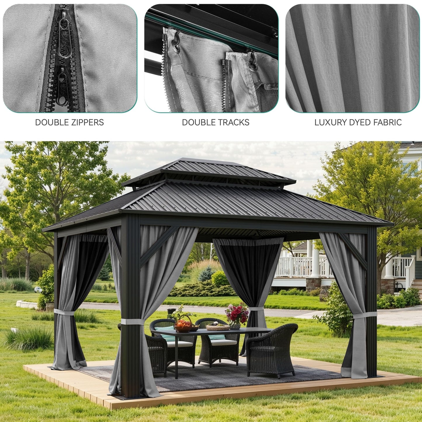 YITAHOME 12x14ft Hardtop Gazebo Outdoors with Nettings and Curtains, Heavy Duty Double Roof Galvanized Steel Outdoor Double Roof for Patio, Backyard, Deck, Lawns, Gray