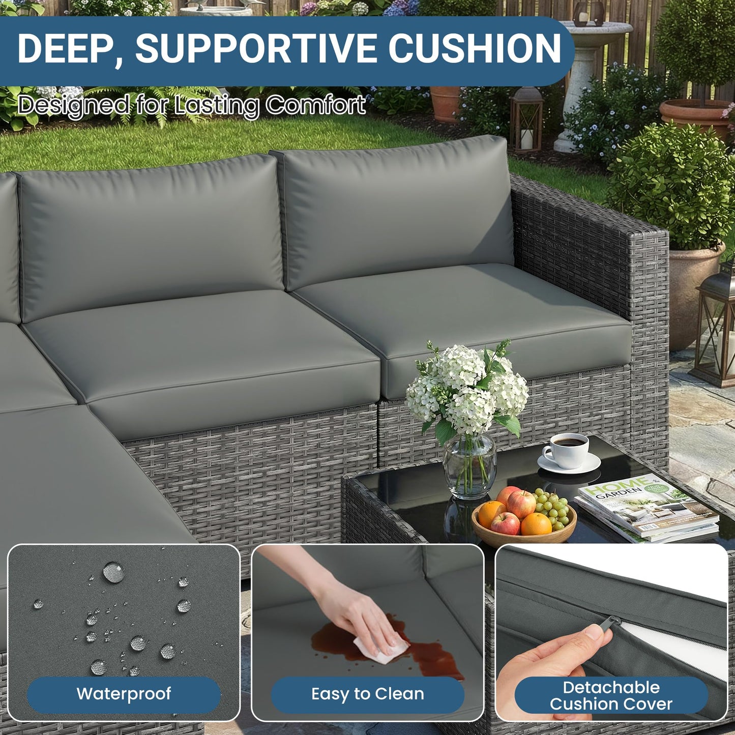 Wisteria Lane 5-Pieces Outdoor Patio Furniture Set, All Weather Wicker Rattan Sectional Sofa, Patio Conversation Set with Cushions & Glass Coffee Table for Backyard Porch Garden Balcony, Grey
