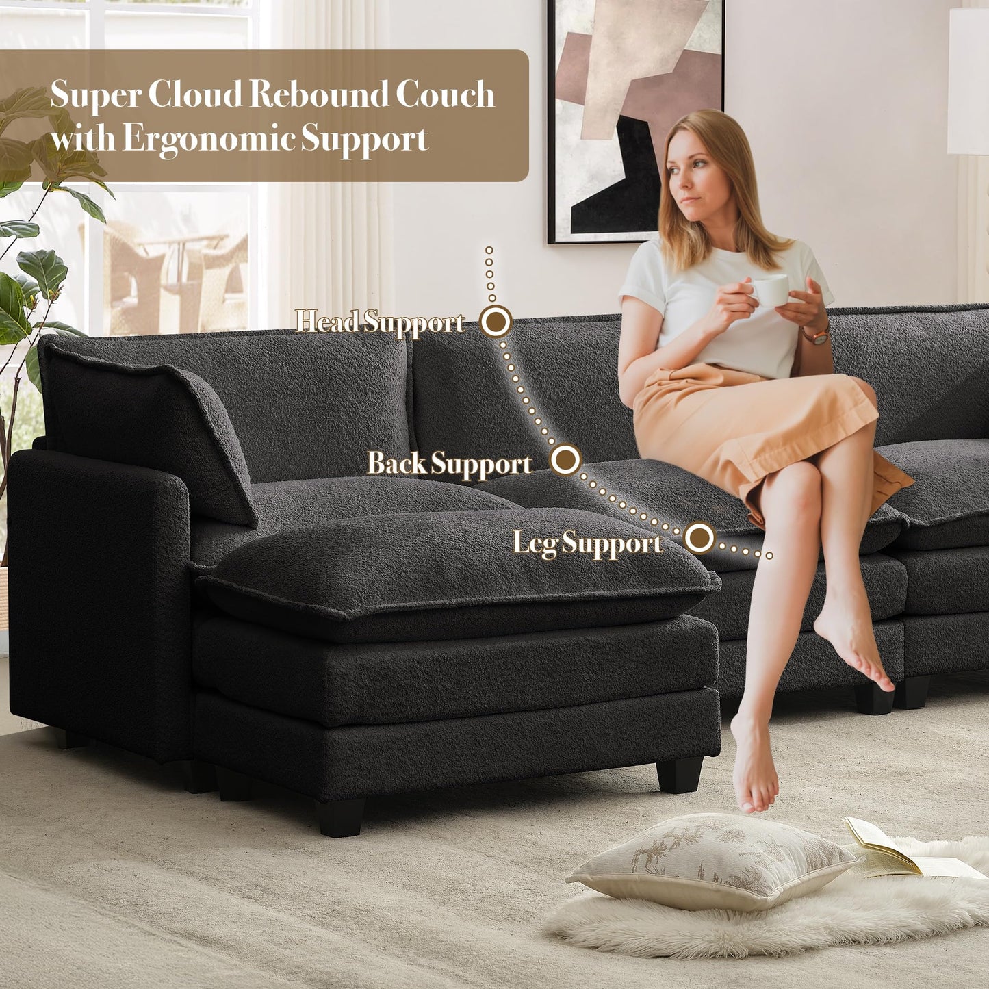 ROWHY 112'' Sectional Cloud Couch with Movable Ottoman, 4 Seat Modern Chenille Modular Sofa with 2 Throw Pillows, Deep Seat L Shaped Couch for Living Room Bedroom Apartment, Dark Grey