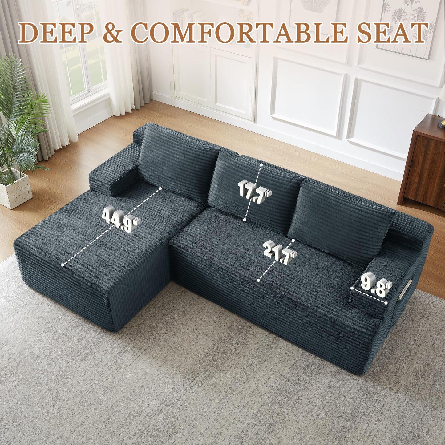 96" L Shaped Cloud Sectional Couch with Chaise, Deep Seat Modular Sectional Sofa Corduroy Memory Foam Sofa Boneless Couches for Living Room Bedroom, No Assembly Required