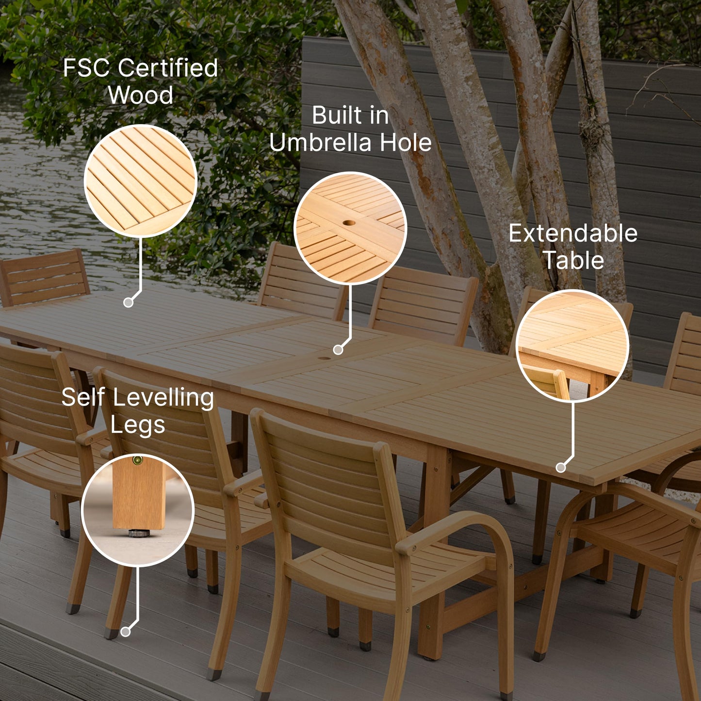 Amazonia Jefferson 13-Piece Patio Extendable Dining Table Set | Teak Finish & Light Grey Wicker Chairs with Cushion | Ideal for Outdoors and Indoors