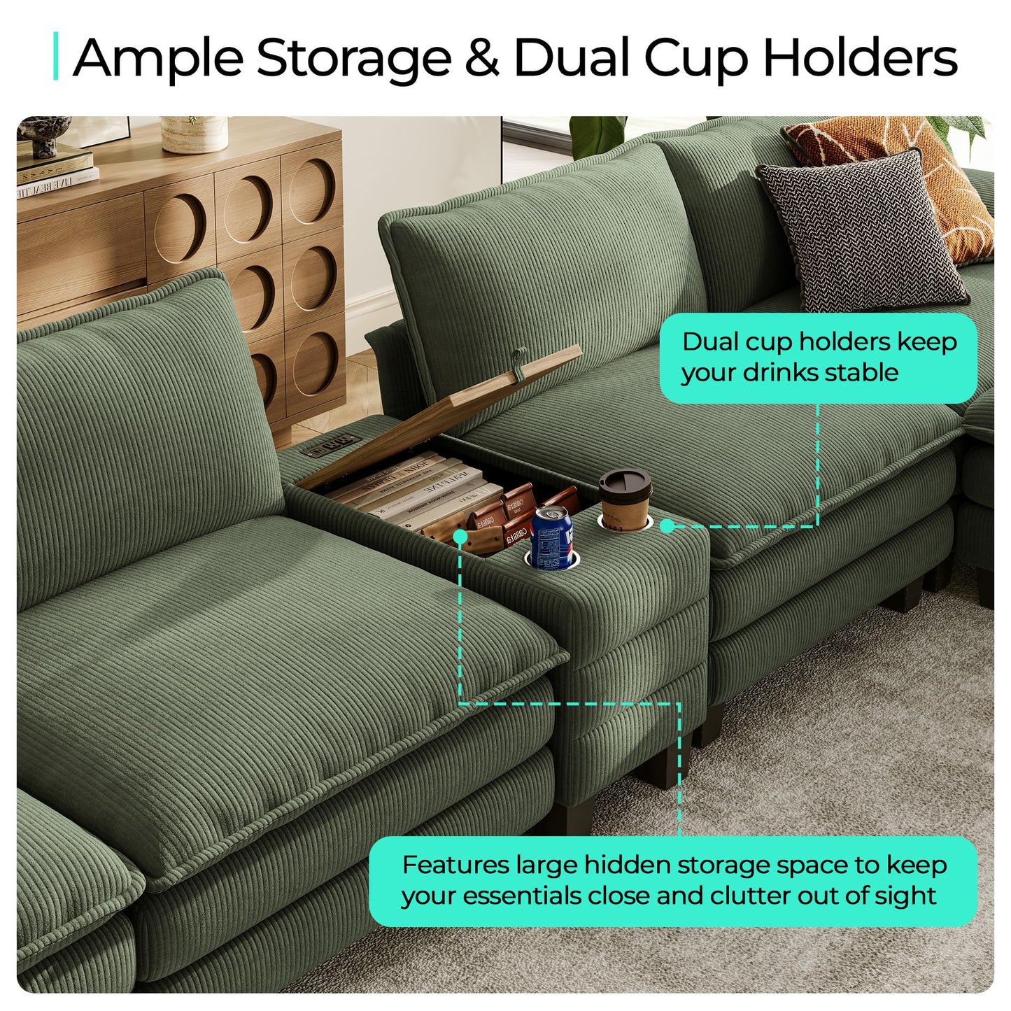 LINSY HOME Modular Sectional Sofa for Living Room, Corduroy Cloud Couch with Storage Console, USB Charging, Cup Holders, Comfy Modern Modular Cloud Couches with Movable Ottoman (Green)
