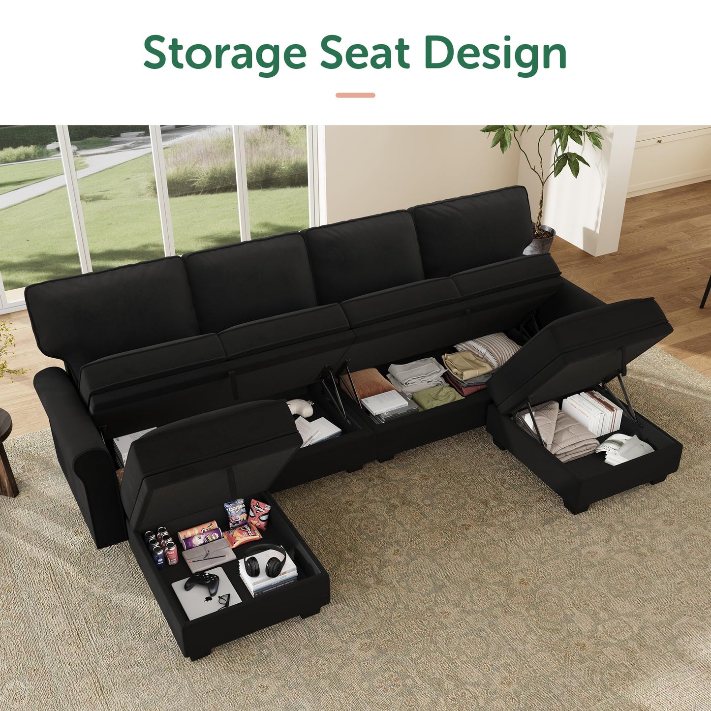 HONBAY Convertible Sectional Sofa with Storage U Shaped Sectional Couch with Reversible Chaise Small Sectional Couches for Living Room,Mid Black