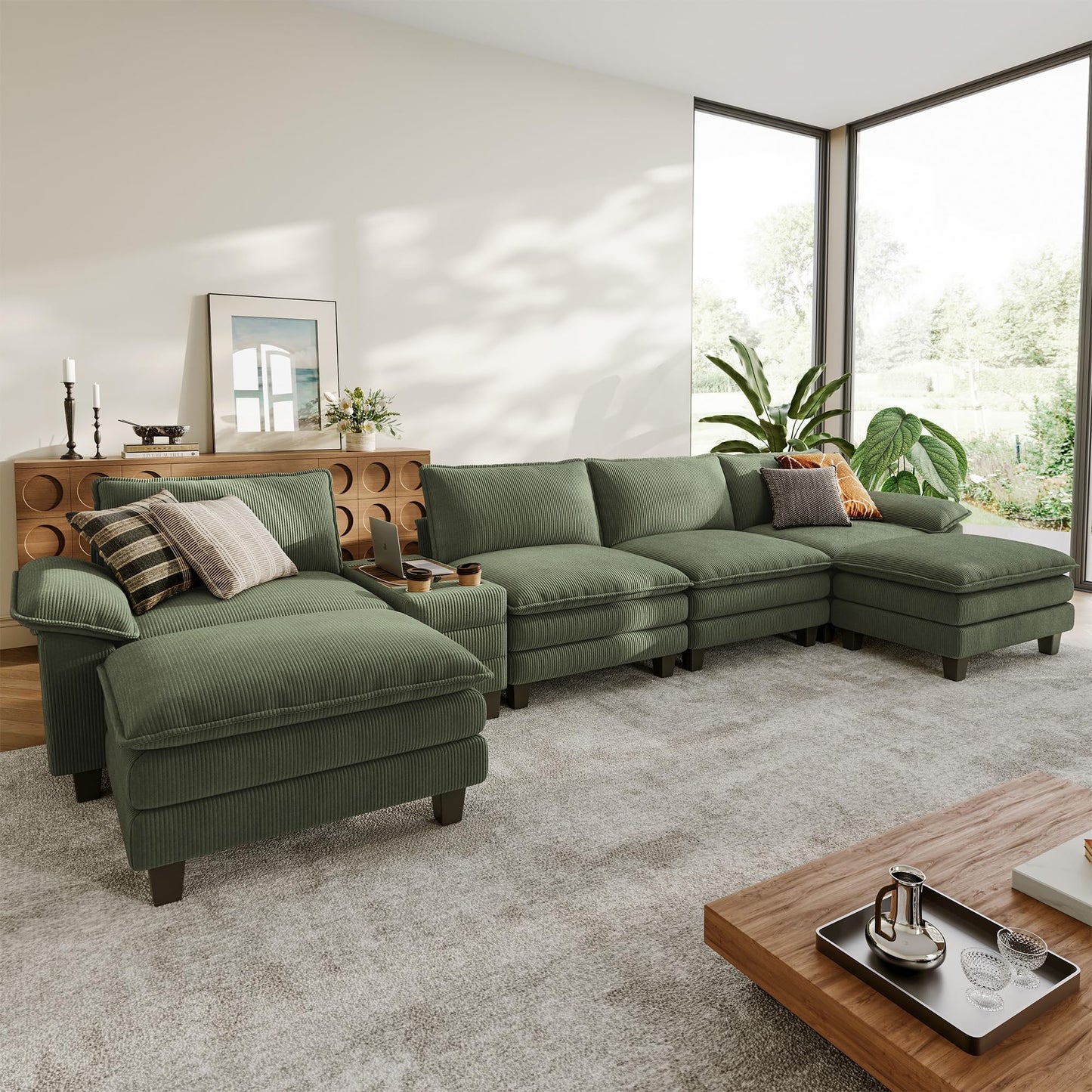 LINSY HOME Modular Sectional Sofa for Living Room, Corduroy Cloud Couch with Storage Console, USB Charging, Cup Holders, Comfy Modern Modular Cloud Couches with Movable Ottoman (Green)