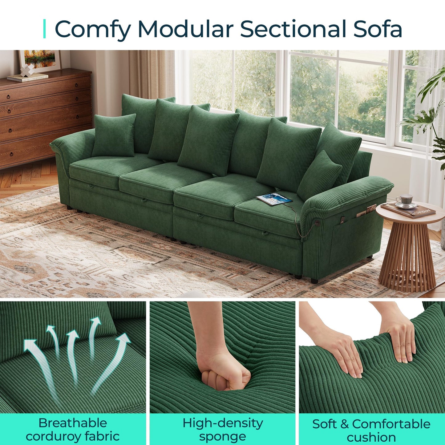 LINSY HOME Oversized Sectional Sleeper Sofa with Pull Out Couch Bed (Green, 110.5'')