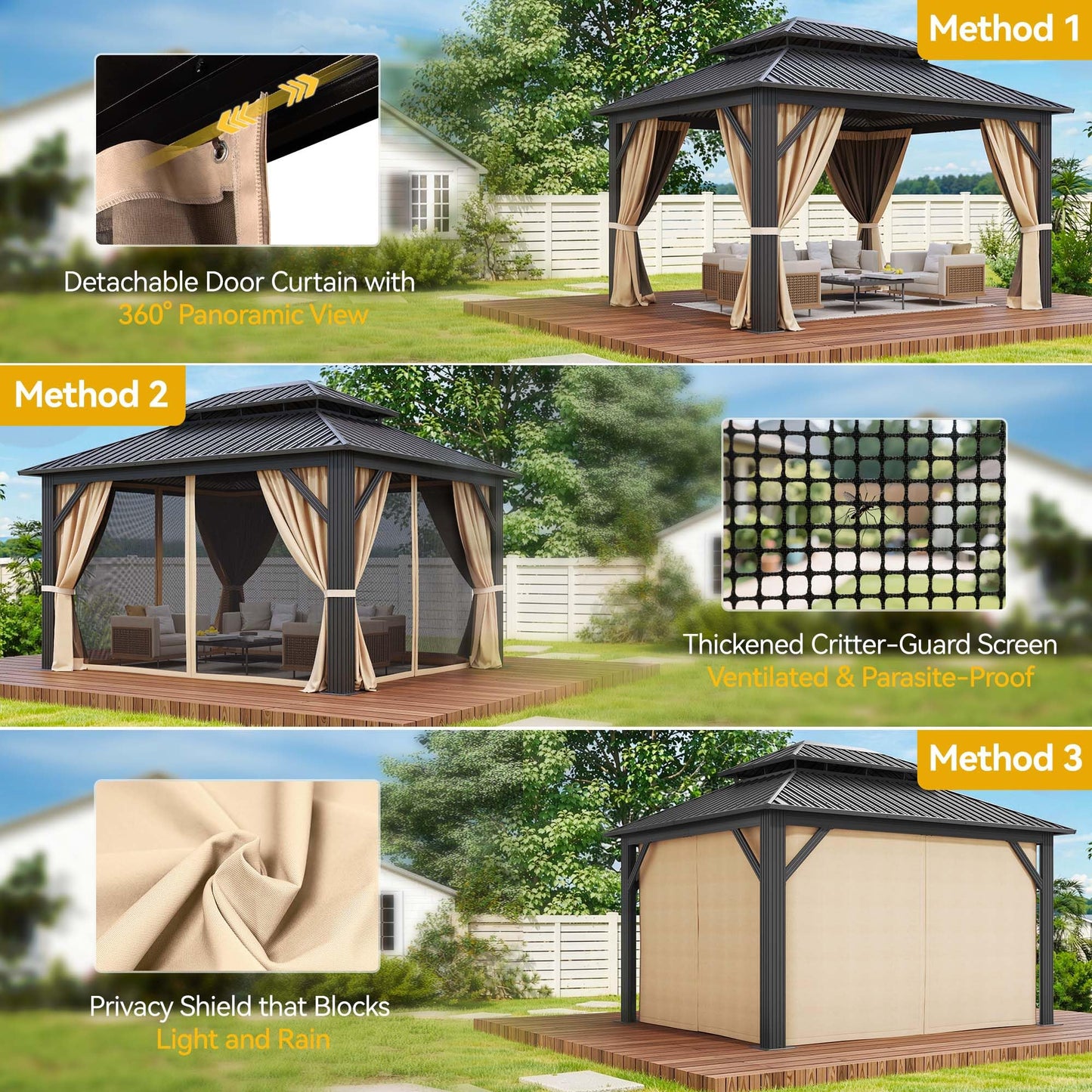DWVO 12x14ft Aluminum Gazebo Hardtop Double Roof Canopy Outdoor Gazebo Galvanized Roof with Netting and Curtain Garden Tent for Patio, Backyard and Deck