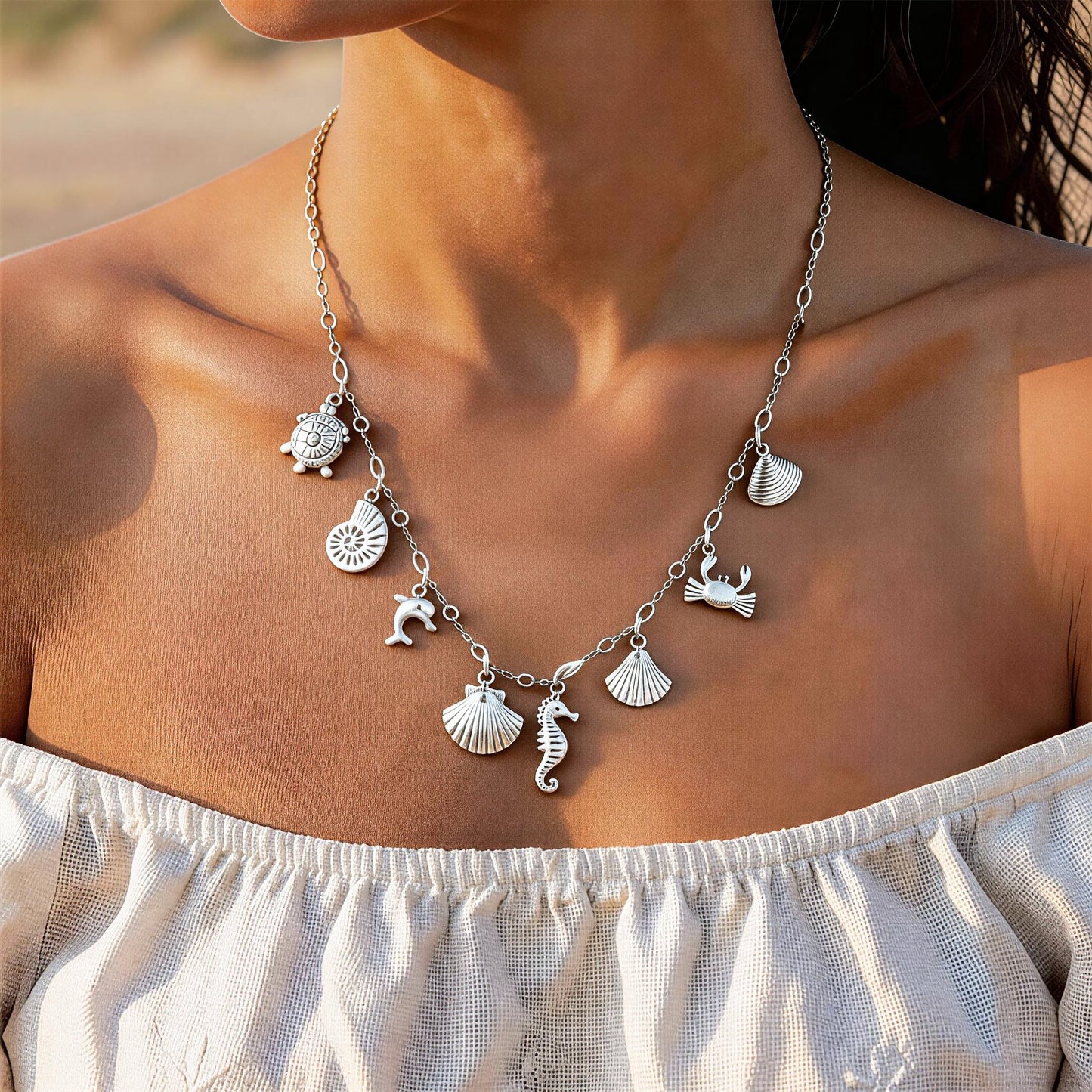 KummerSaprk Seashell Necklace Charm Necklace for Women Summer Vacation Jewelry for Women Starfish Sea Shell Pendant Jewelry Boho Beachy Stuff Accessories Gifts