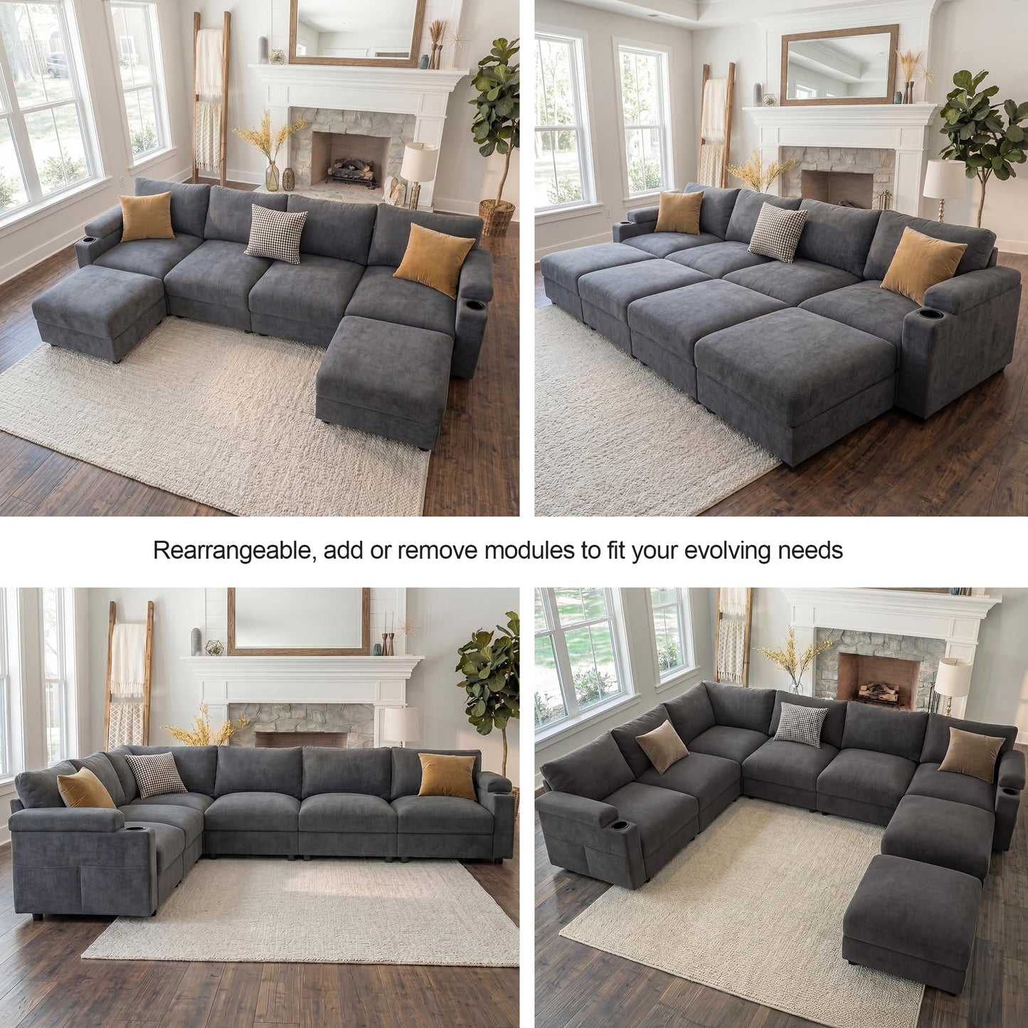 Sectional Couches for Living Room FSC Certified Velvet Modular Couch Oversized Cloud U Shaped Convertible Sleeper Sofa Chaise Detachable Armrest Cushion (Velvet Grey, 4 Seat)
