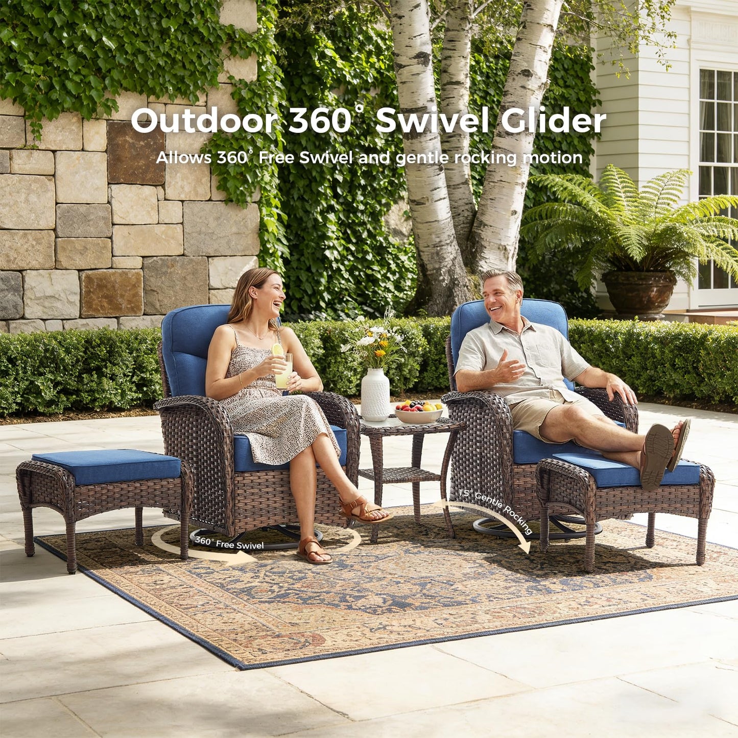 Luxury Patio Furniture Set with 6-inch Thick Cushions, Outdoor Furniture Set with High Back Swivel Chairs, 6 PCS Wicker Outdoor Conversation Set for Porch, Patio, Yard, Deck, Poolside, Brown/Blue