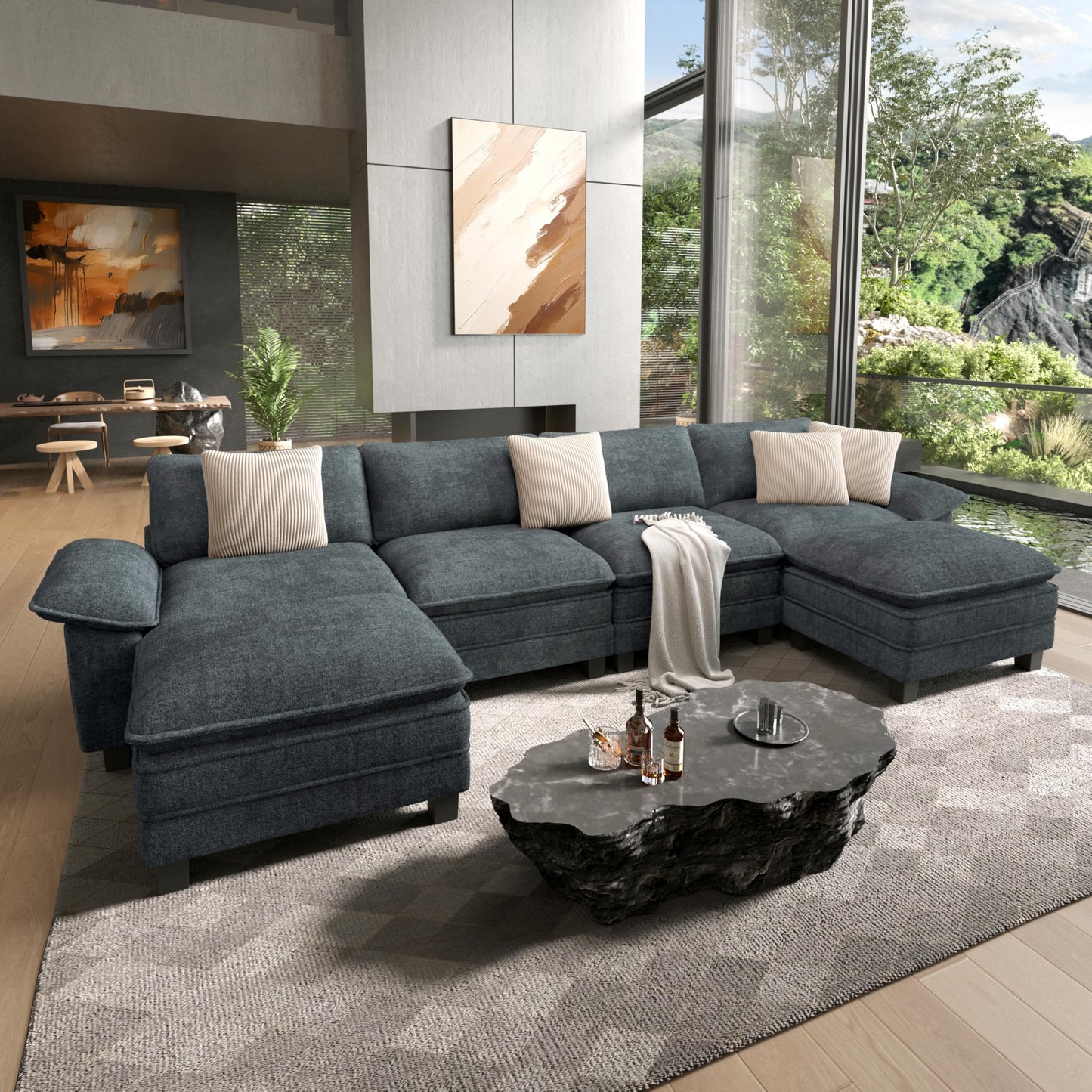 HERA'S HOUSE 158" Modular Sectional Sofa, Oversized U Shaped Couches for Living Room, Comfy Cloud Couch with Ottoman, 6-Seater Deep Seat Sofa with Throw Pillow, Chenille Blue