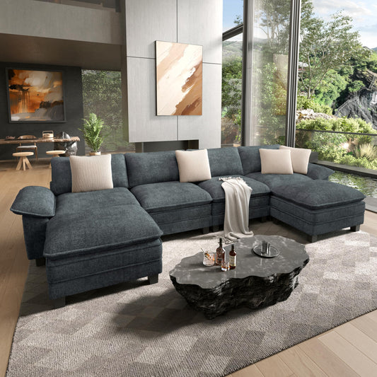 HERA'S HOUSE 158" Modular Sectional Sofa, Oversized U Shaped Couches for Living Room, Comfy Cloud Couch with Ottoman, 6-Seater Deep Seat Sofa with Throw Pillow, Chenille Blue