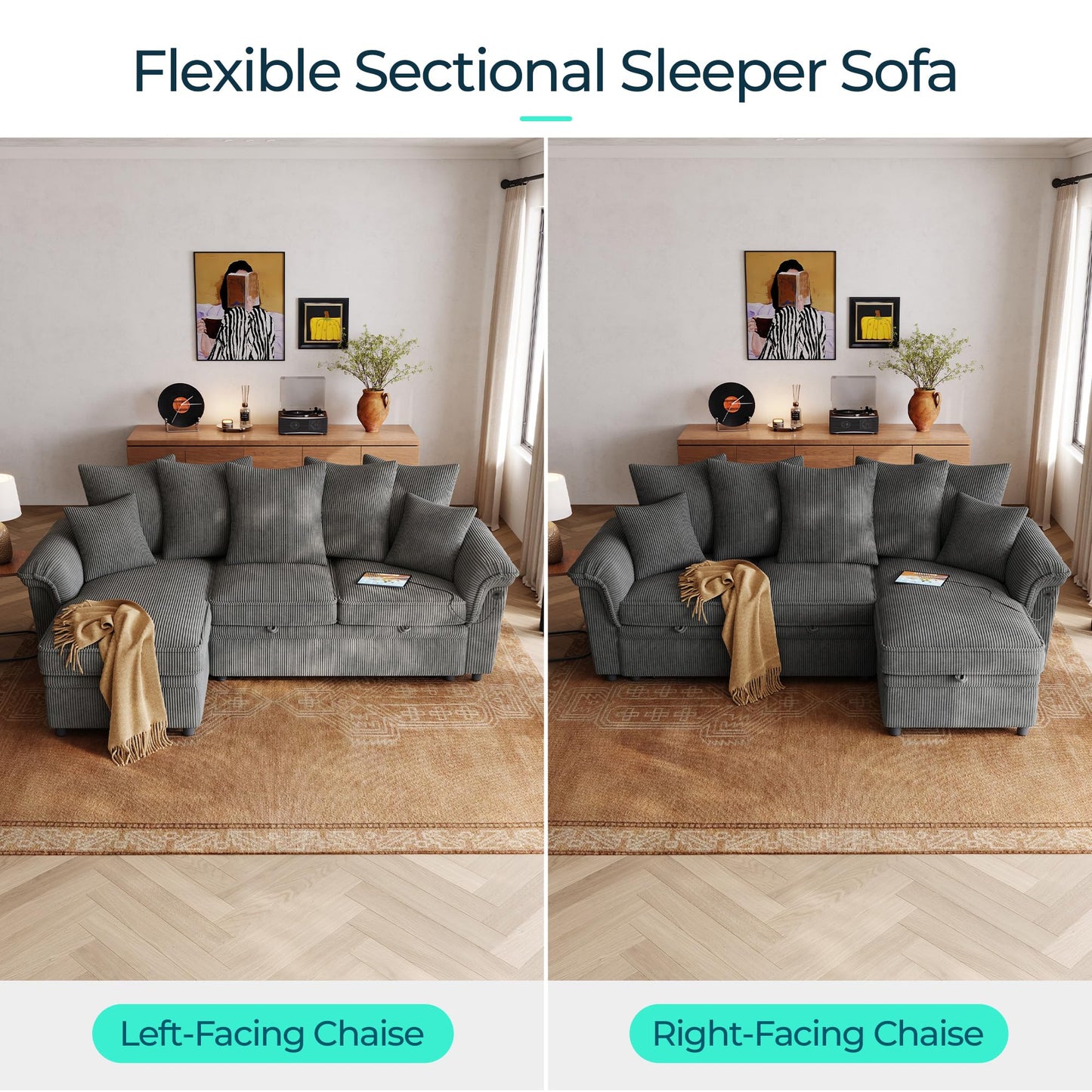 LINSY HOME 90.5'' Sectional Sleeper Sofa with Pull Out Couch Bed Modular (Gray, 90.5'')