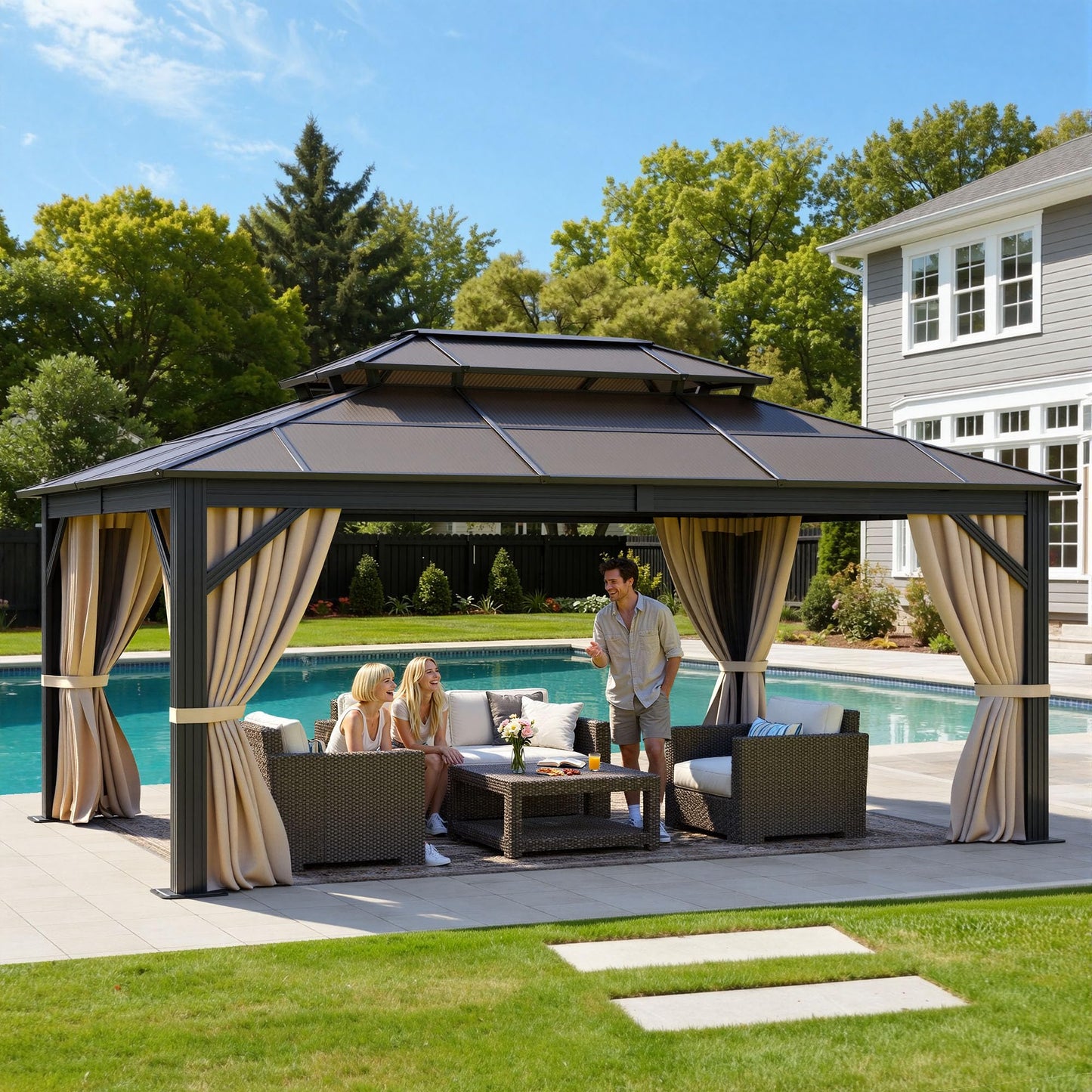 DWVO 12x16ft Gazebo Hardtop Double Roof Polycarbonate Canopy Outdoor with Netting and Shaded Curtains, Metal Frame Garden Tent for Patio, Backyard, Deck and Lawns, Brown
