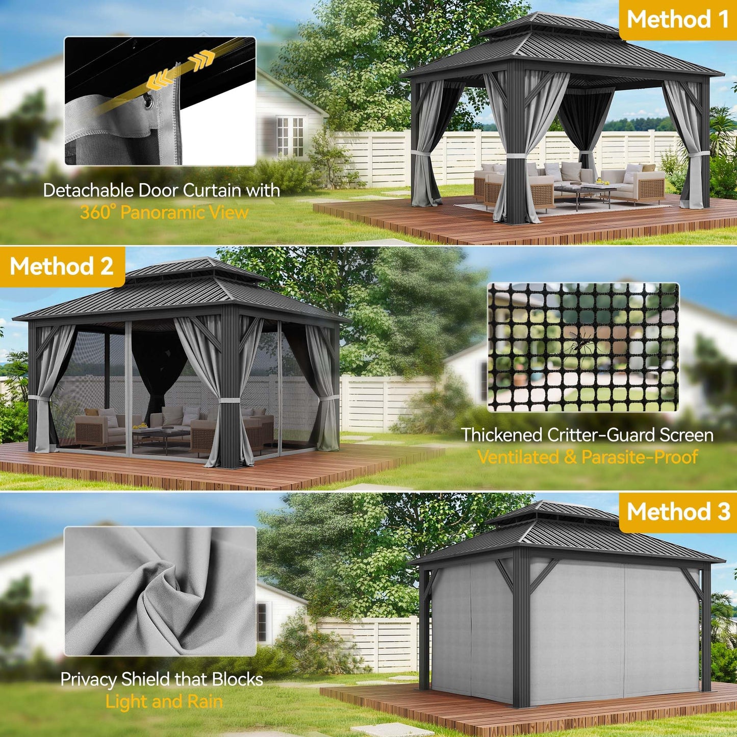 DWVO 14x12FT Gazebo Hardtop Outdoor Double Roof with Nettings and Curtains, Heavy Duty Galvanized Steel Roof Aluminum Gazebo for Patio, Backyard, Deck, Lawns, Gray