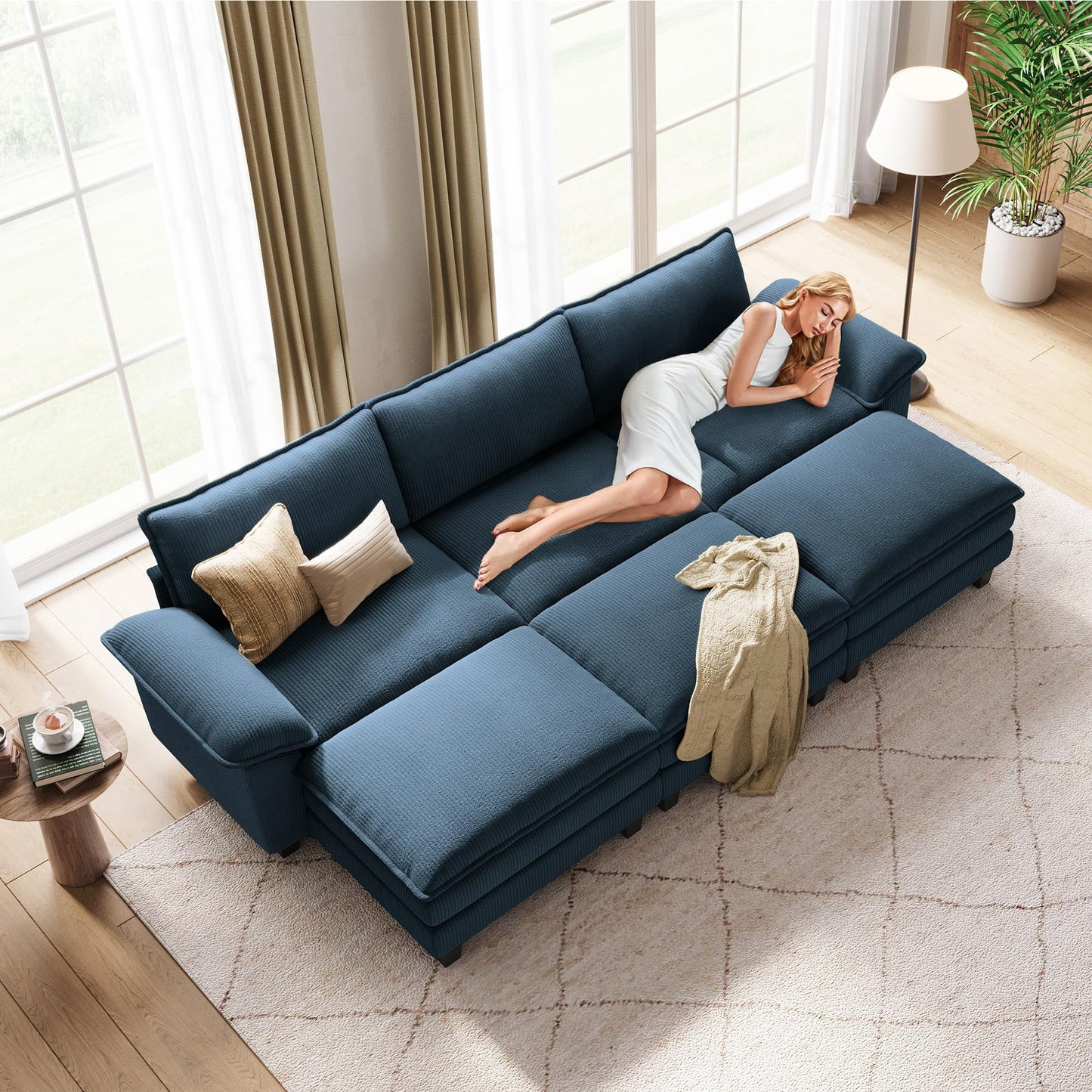 LINSY HOME Modular Sectional Sofa - 123 Inch Oversized Corduroy Cloud Couch with Movable Ottoman Soft Modern Comfy Sofa Set for Living Room Apartment Office, Blue