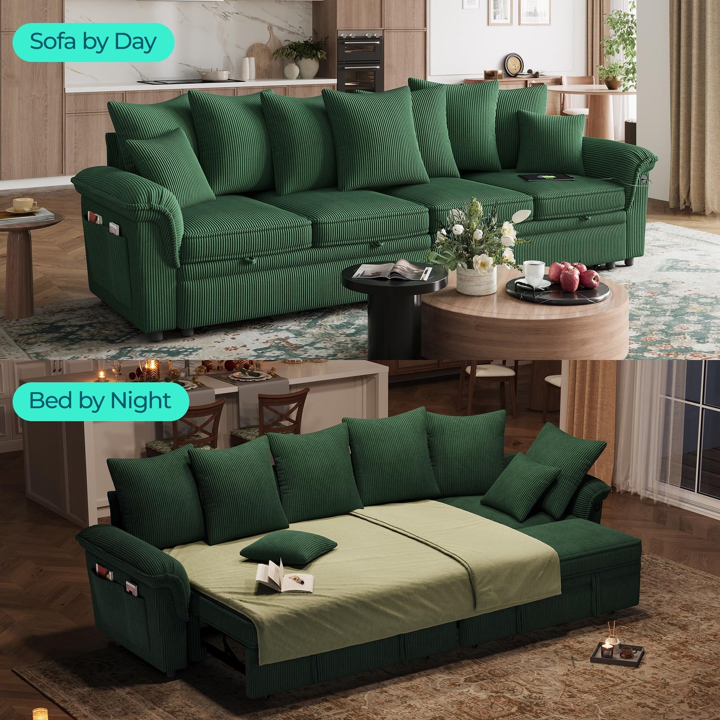 LINSY HOME Oversized Sectional Sleeper Sofa with Pull Out Couch Bed (Green, 110.5'')
