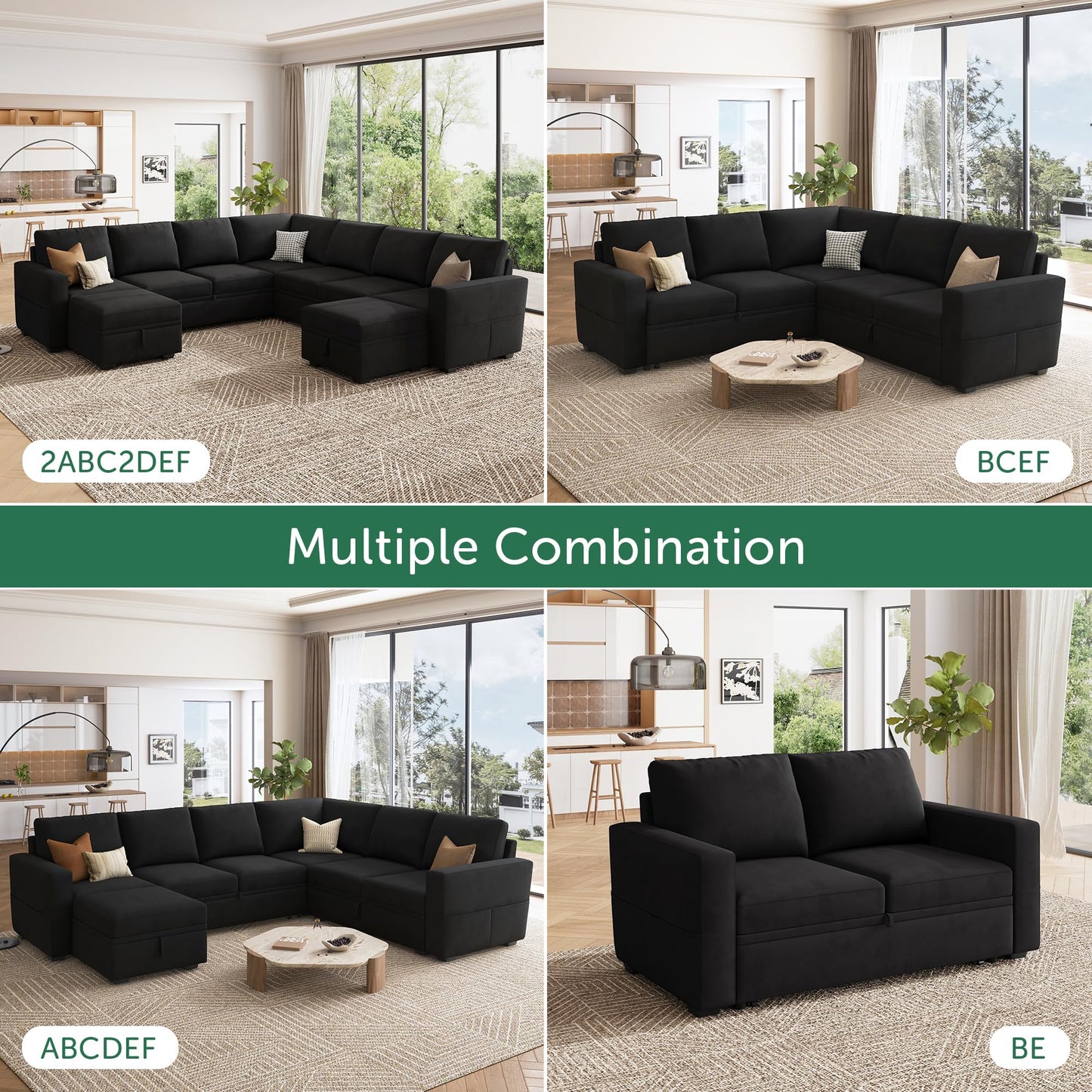 HONBAY Modular Sectional Sleeper Sofa Bed, Velvet Sectional Couch with Pull Out Bed U Shaped Modular Couch with Storage Ottoman for Living Room, Black