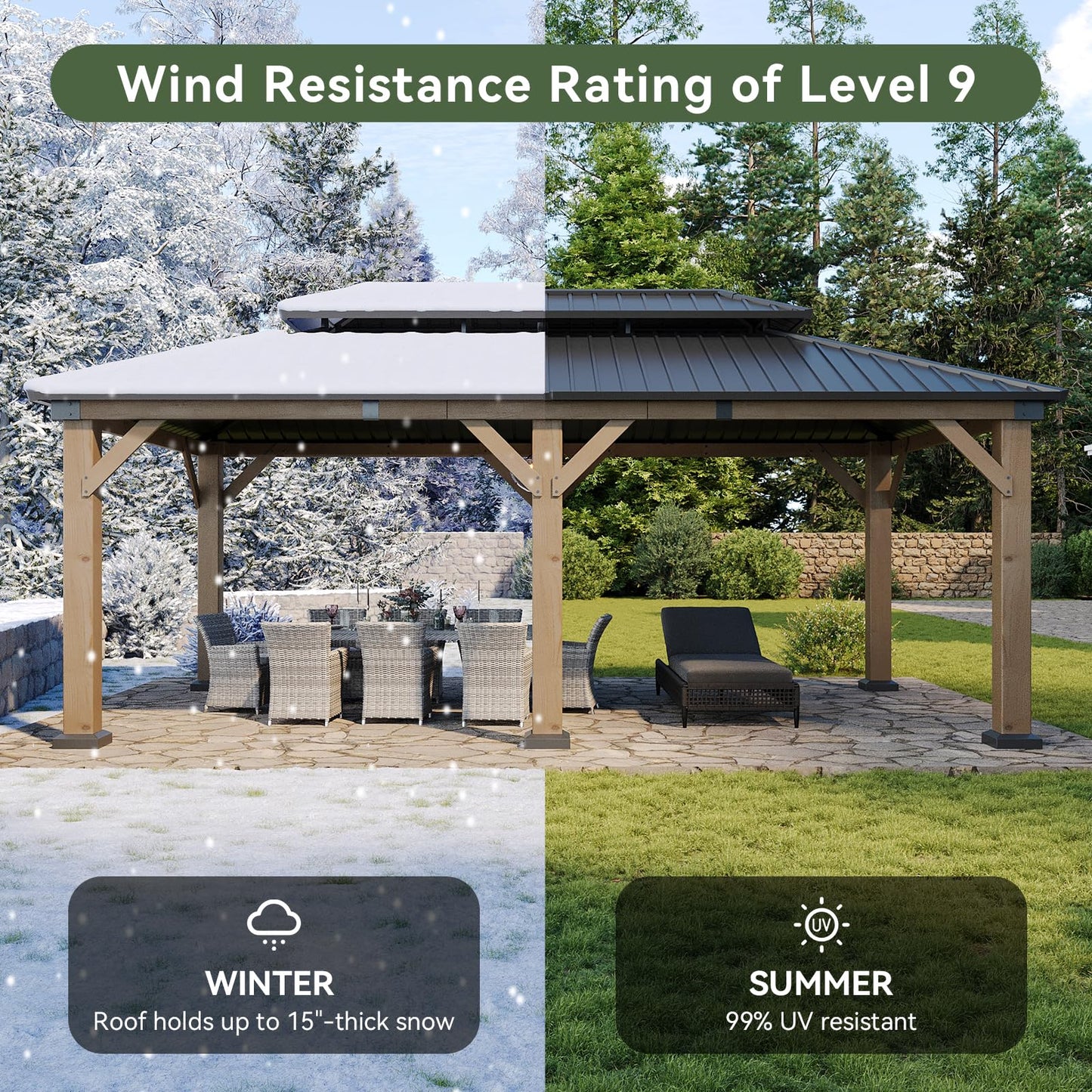 Aoxun 12' x 20' Outdoor Wood Gazebo, Hardtop Gazebo Permanent Wooden Pavilion with Galvanized Steel Double Roof, for Patio, Garden, Yard, Cedar Wood, Grey