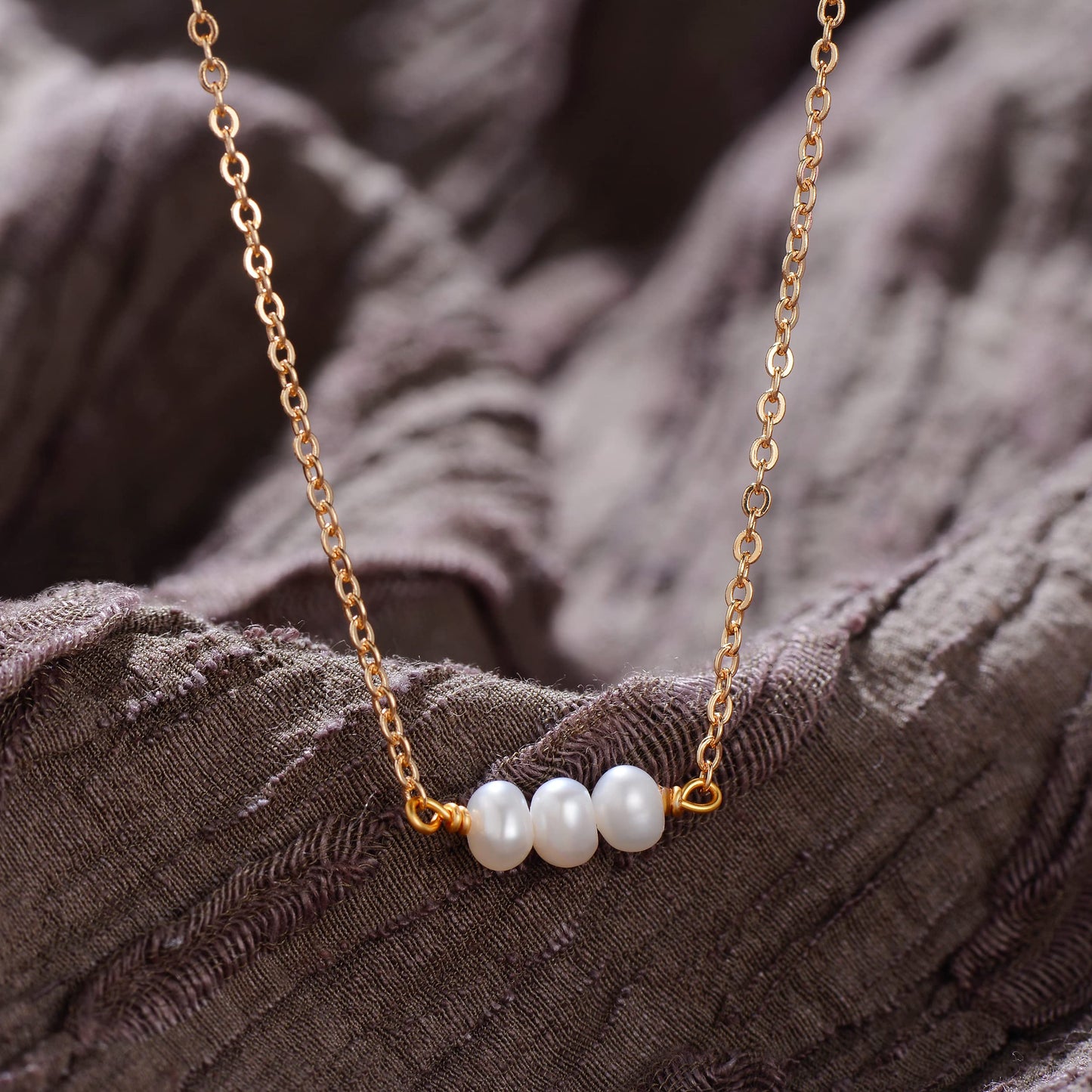 14K Gold Plated 3 Tiny Pearl Necklace for Women, Dainty Minimalist Pearl Choker, 14"+2" Adjustable Extension Chain, Delicate Layering Jewelry for Daily Wear & Gift