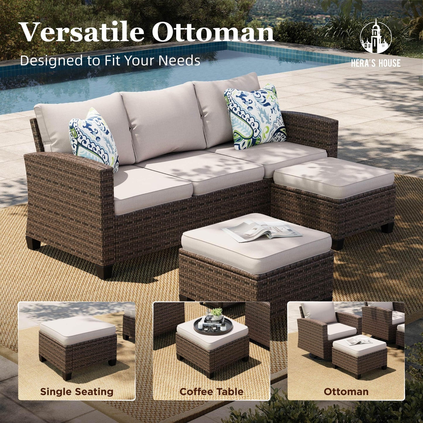 HERA'S HOUSE Swivel Glide Patio Furniture Set with 56" Fire Pit Table, 6 Pieces Outdoor Wicker Sectional Conversation Sofa Sets for Lawn Backyard Deck, Beige