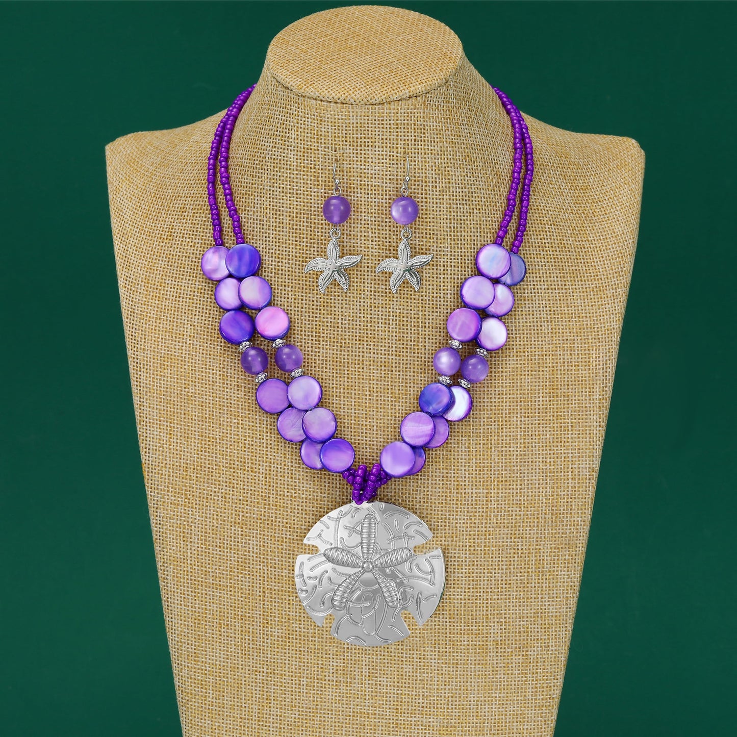 Perla Boho Starfish Necklace for Women, Chunky Layered Shell Beads Choker Necklace and Earrings Set, Ocean-Themed Summer Beach Jewelry (Purple)