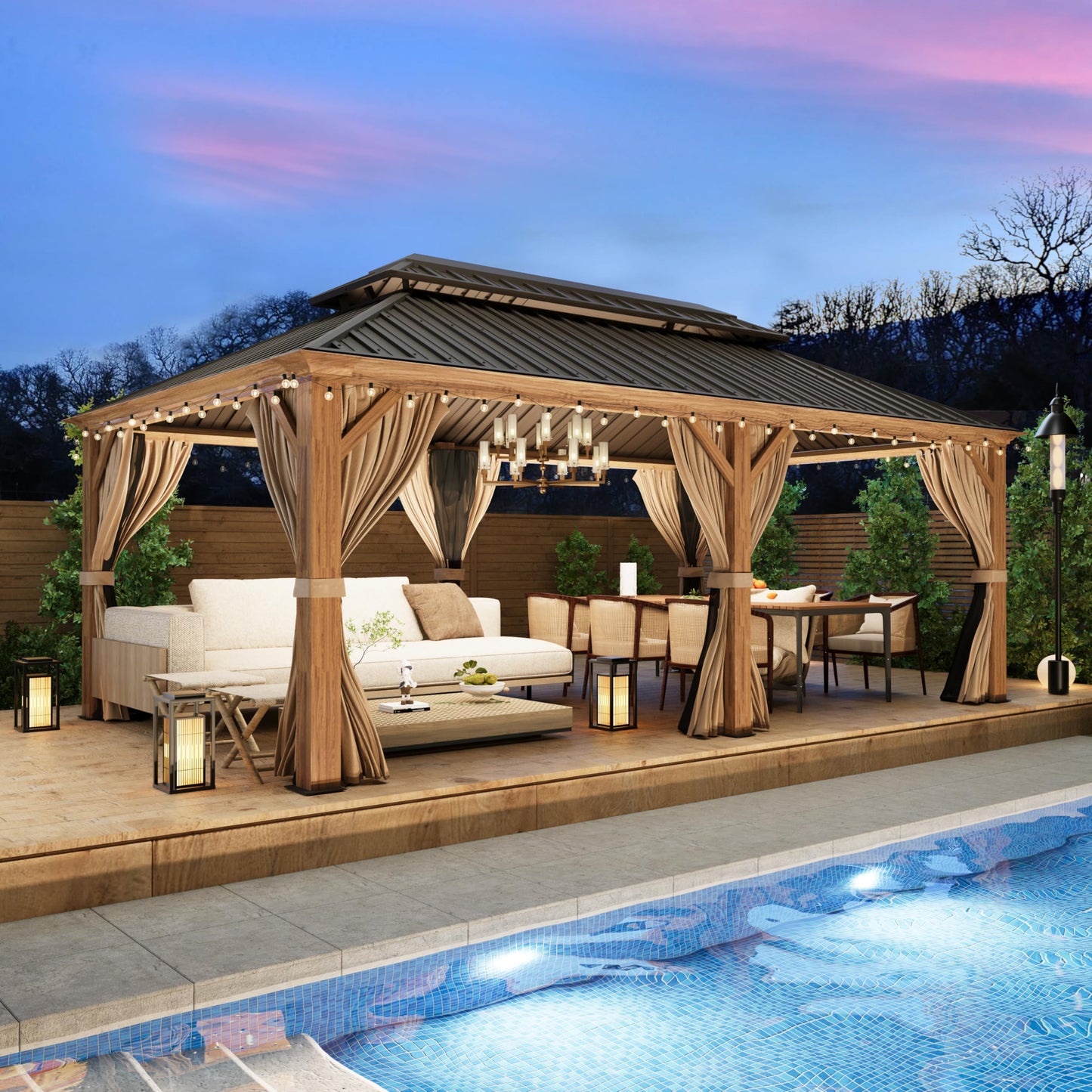 YOLENY 12'x20' Gazebo, Galvanized Steel Double Roof with Wood Grain Aluminum Frame, Outdoor Permanent Metal Pavilion with Curtains and Nettings for Patio, Backyard and Deck