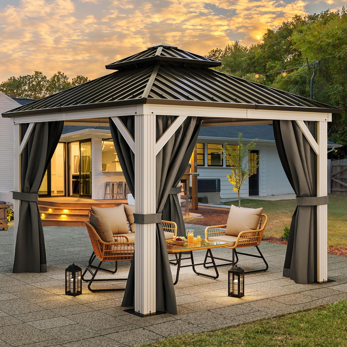 YITAHOME 10X10FT Gazebo Patios Hard Top Outdoor Double Roof Canopy Aluminum Frame Metal Top Garden Gazebo with Curtains Netting for Backyards Decks Lawns, White