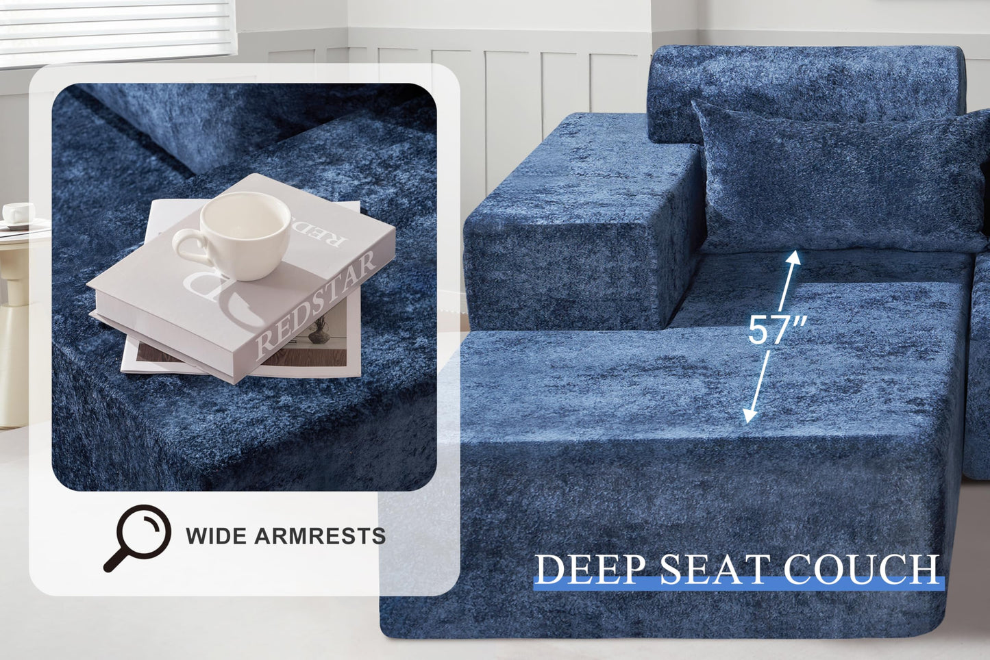 HABUTWAY 105" L-Shape Modular Sectional Sofa Couch for Living Room,No Assembly Required,Modular Comfy Sofa with Deep Seat for Living Room Bedroom,Luxury Distressed Velvet(Left,Blue)
