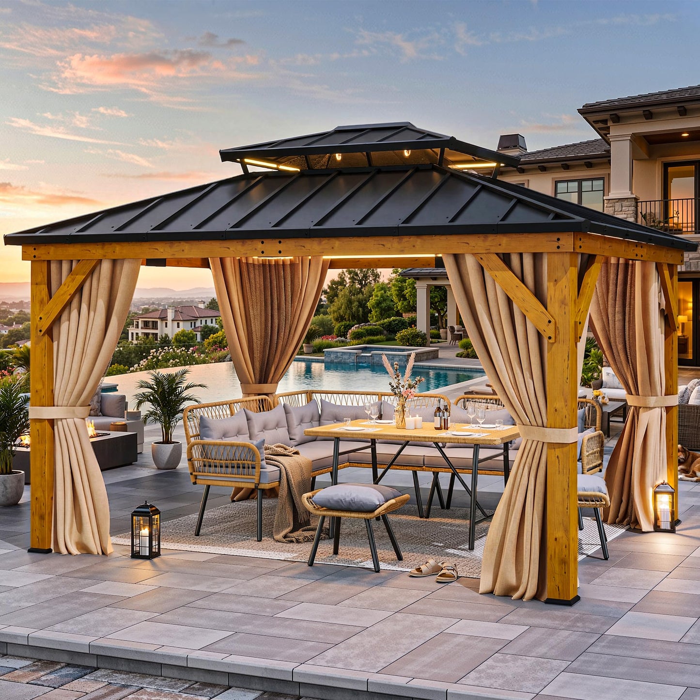 YITAHOME 11x13ft Wood Gazebo Outdoor Wooden Frame Double Roof Hardtop Galvanized Steel Top Canopy w/Curtain and Netting, Patio Heavy Duty Gazebo for Deck, Backyard, Beige Yellow