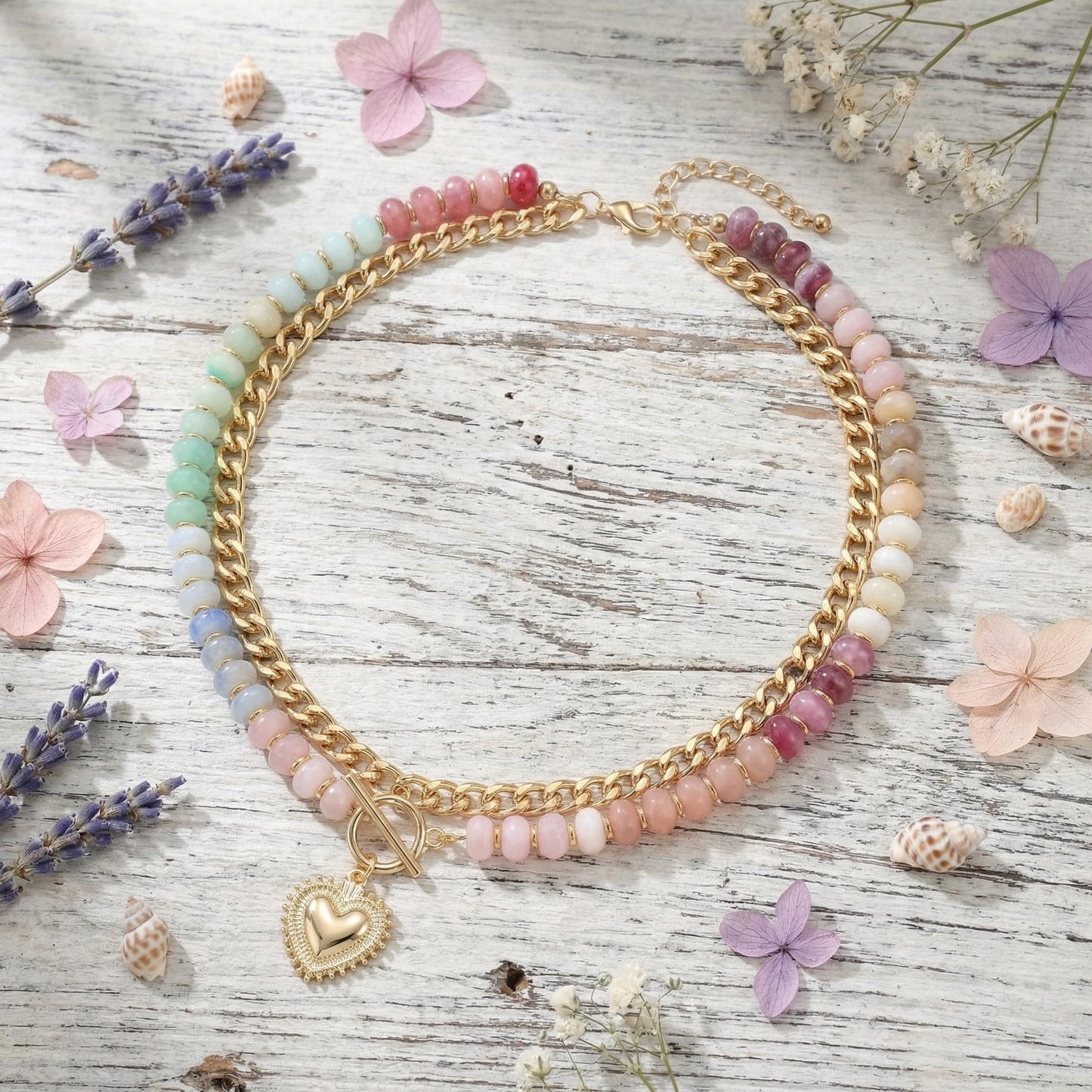 Frigotine Chunky Heart Necklace for Women, Pastel Blue Pink White Resin Beaded Choker with Gold Puffy Heart Pendant, Double Layer Chain Layered Statement Jewelry Gift