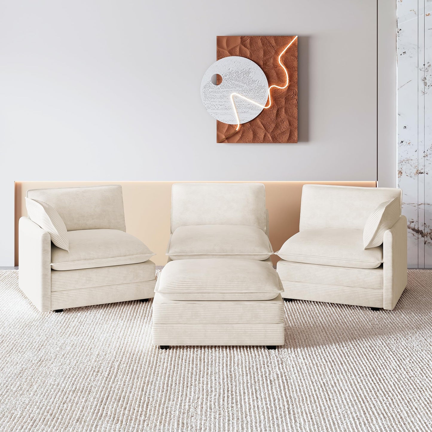 ROWHY 112'' Oversized Modular Sectional Cloud Couch with Movable Ottoman, 4 Seat Modern Corduroy Sofa, Deep Seat L Shaped Couch for Living Room Bedroom Apartment, Cream