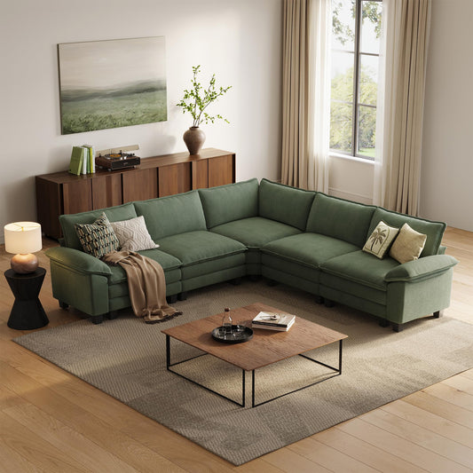 LINSY HOME Modular Sectional Sofa Couch Corduroy Cloud Couches for Living Room, V-Shaped Cloud Couch Sectional Sofas for Bedroom and Apartment, Green