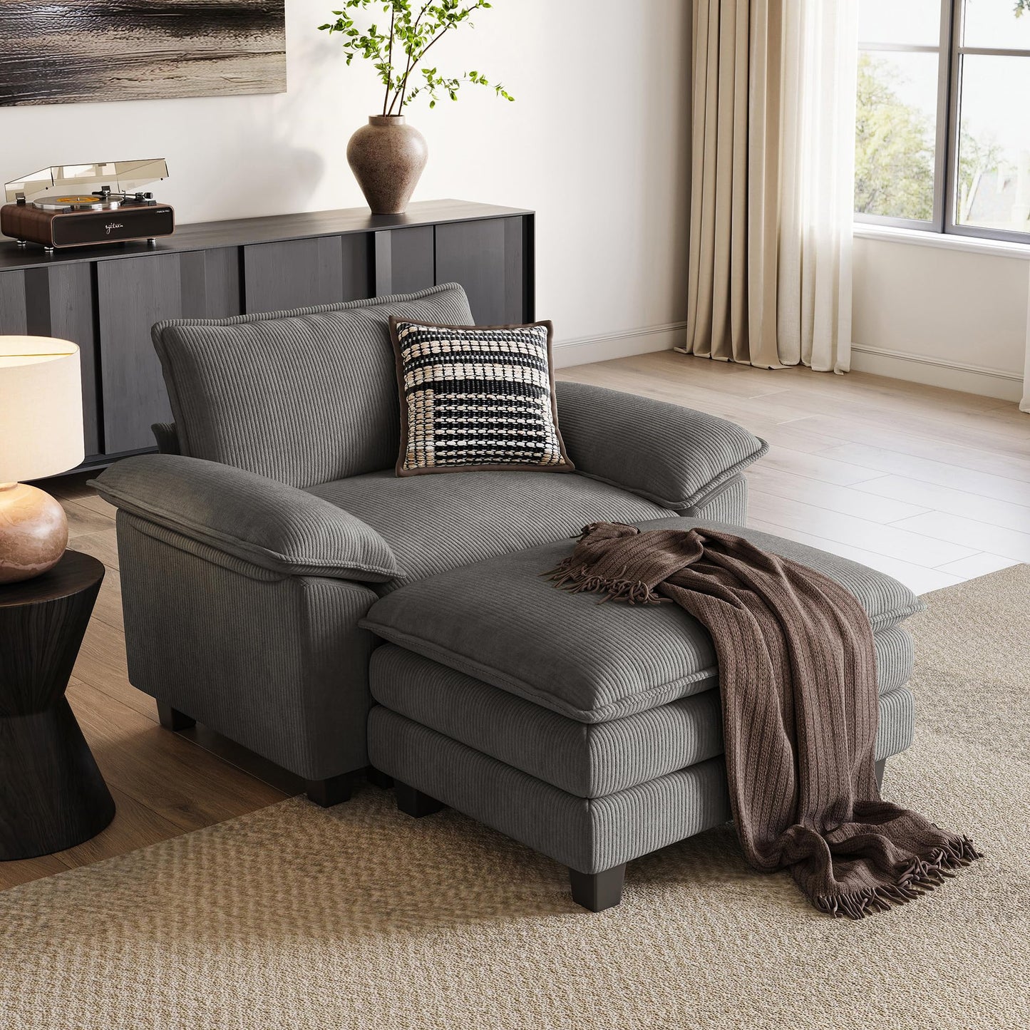 LINSY HOME Cloud Sofa Accent Chair with Ottoman Chaise Lounge Chair Indoor, Corduroy Couch Sofa Chair for Living Room Apartment Bedroom Office, Grey