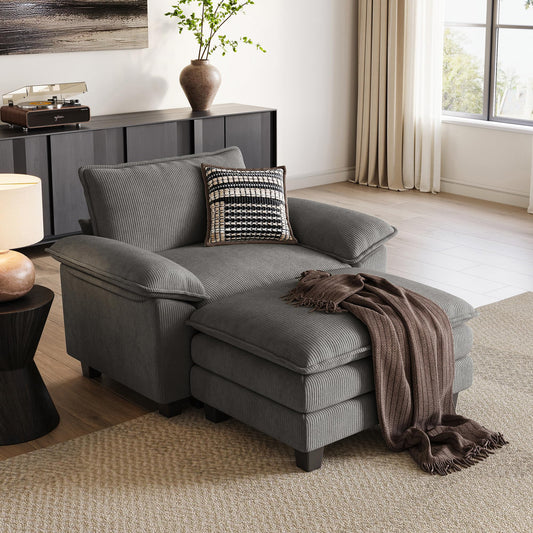 LINSY HOME Cloud Sofa Accent Chair with Ottoman Chaise Lounge Chair Indoor, Corduroy Couch Sofa Chair for Living Room Apartment Bedroom Office, Grey