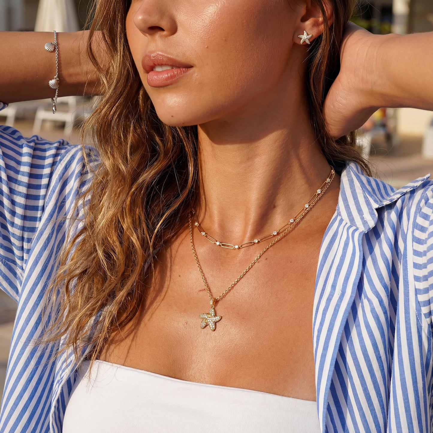 Dremmy Studios Dainty Necklace for Women 14K Gold Plated Cubic Zirconia Starfish Necklace Boho Summer Beach Coastal Pendnat Necklaces Summer Jewelry Gift