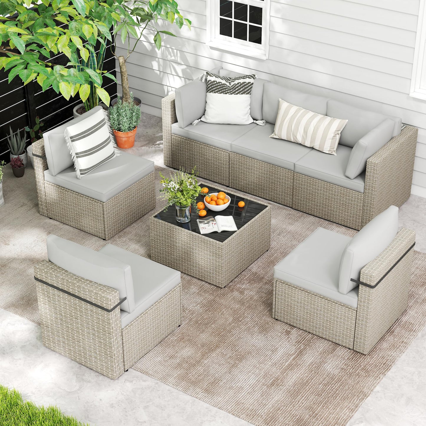 PATIOPIA 7-Piece Outdoor Sectional Sofa Set, Weather-Resistant Patio Furniture Set with Washable Cushions and Coffee Table, Grey Rattan Patio Conversation Set for Poolside, Backyard, Deck (Grey)