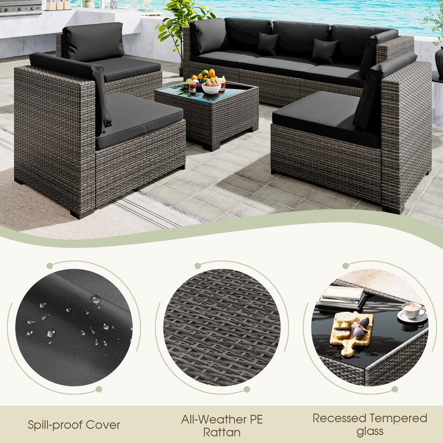 LHBcraft 7 Piece Patio Outdoor Furniture Set, Outdoor Sectional, All-Weather Hand-Woven Wicker Black Patio Sectional, Rattan Outside Furniture with Cushion and Glass Coffee Table