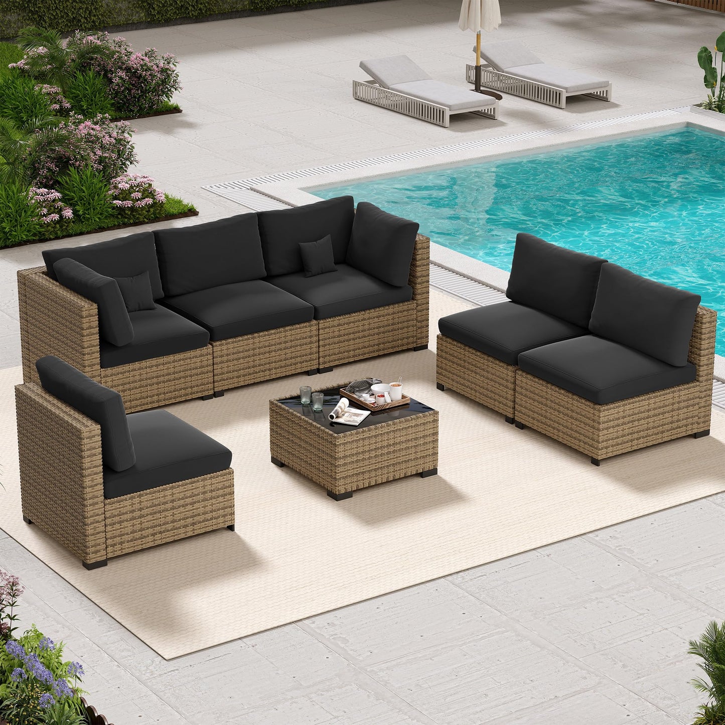 LHBcraft 7 Piece Patio Outdoor Furniture Set, Outdoor Sectional, All-Weather Manual Weaving PE Rattan Wicker Patio Sectional Sofa, Rattan Outside Furniture with Black Cushion and Glass Coffee Table