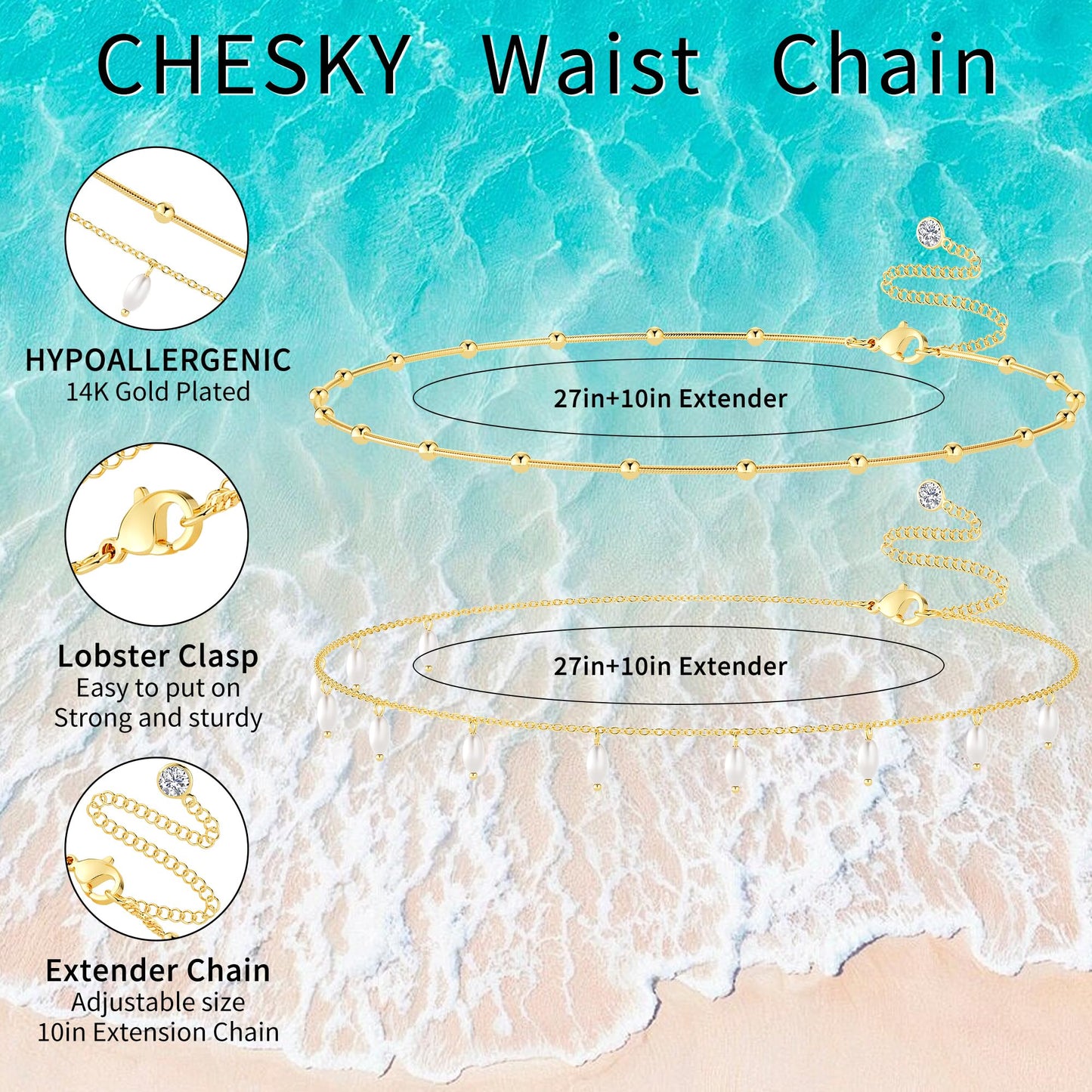 CHESKY Gold Waist Chains for Women, Dainty 14k Gold Plated 2Pcs Layered Belly Chain for The Waist Adjustable Waterproof Bikini Snake Chain Summer Non Tarnish Body Chian Jewelry Gifts for Women
