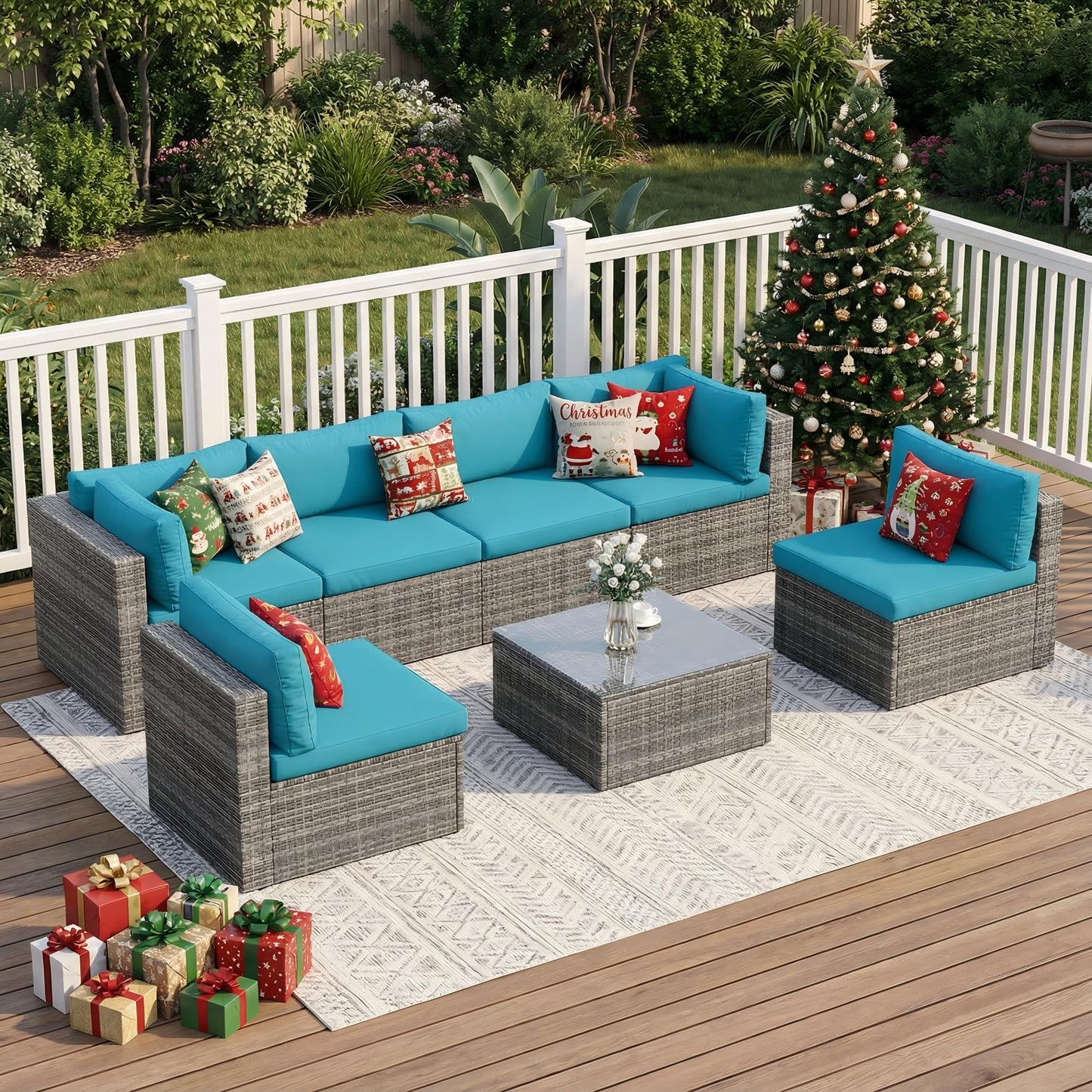 Wisteria Lane 7 Pieces Outdoor Patio Furniture Set, Wicker Outdoor Patio Sectional Sofas with Coffee Table, All-Weather Patio Conversation Set for Garden Backyard, Light Blue