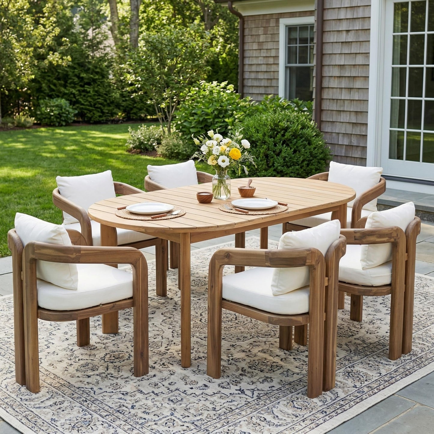 Merax Patio Outdoor Acacia Wood 7 Piece Dinning Set- 70 Inch Large Oval Outdoor Dining Table, 6 Pcs Dining Chairs with Coushions for Backyard, Lawn, Balcony, Light Teak + Natural