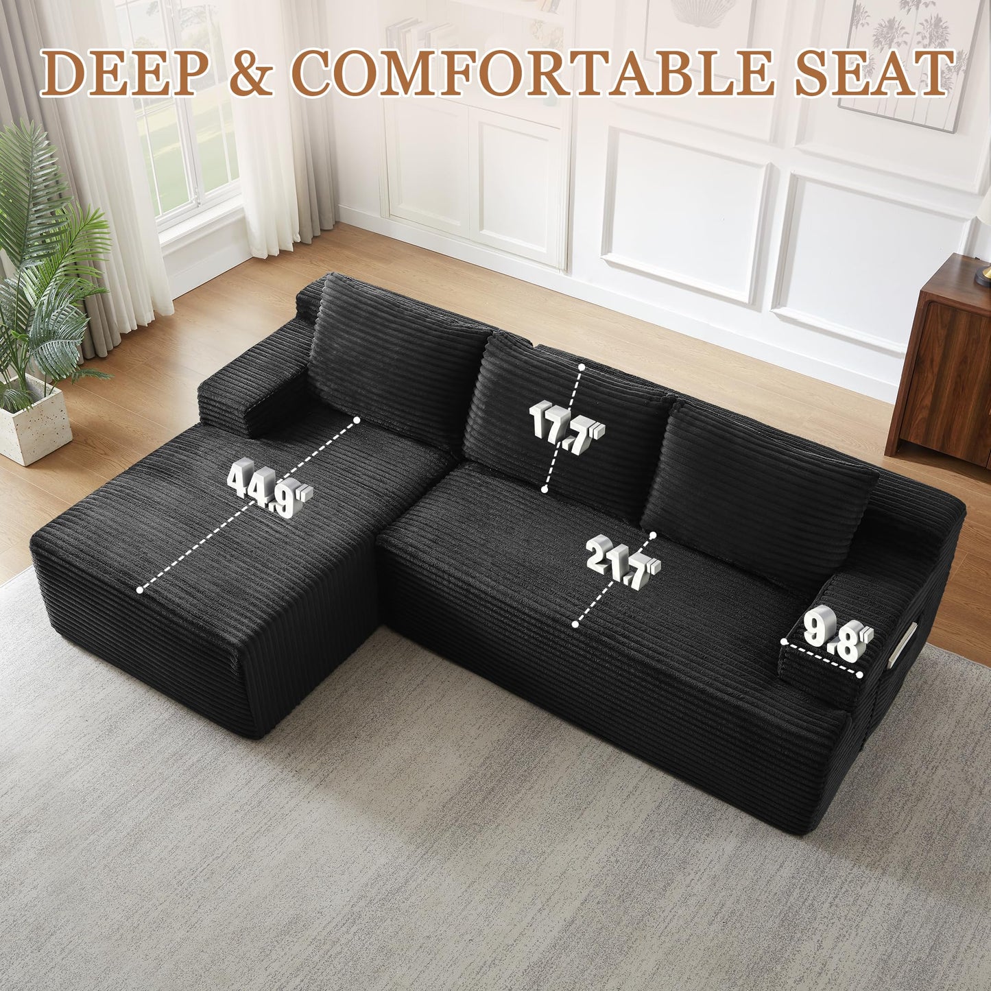 96" L Shaped Cloud Sectional Couch with Chaise, Deep Seat Modular Sectional Sofa Corduroy Memory Foam Sofa Boneless Couches for Living Room Bedroom, No Assembly Required