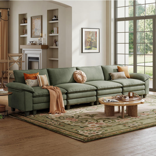 LINSY HOME Modular Sectional Sofa - 157 Inch Oversized Corduroy Cloud Couch with Movable Ottoman Soft Modern Comfy Sofa Set for Living Room Apartment Office, Green
